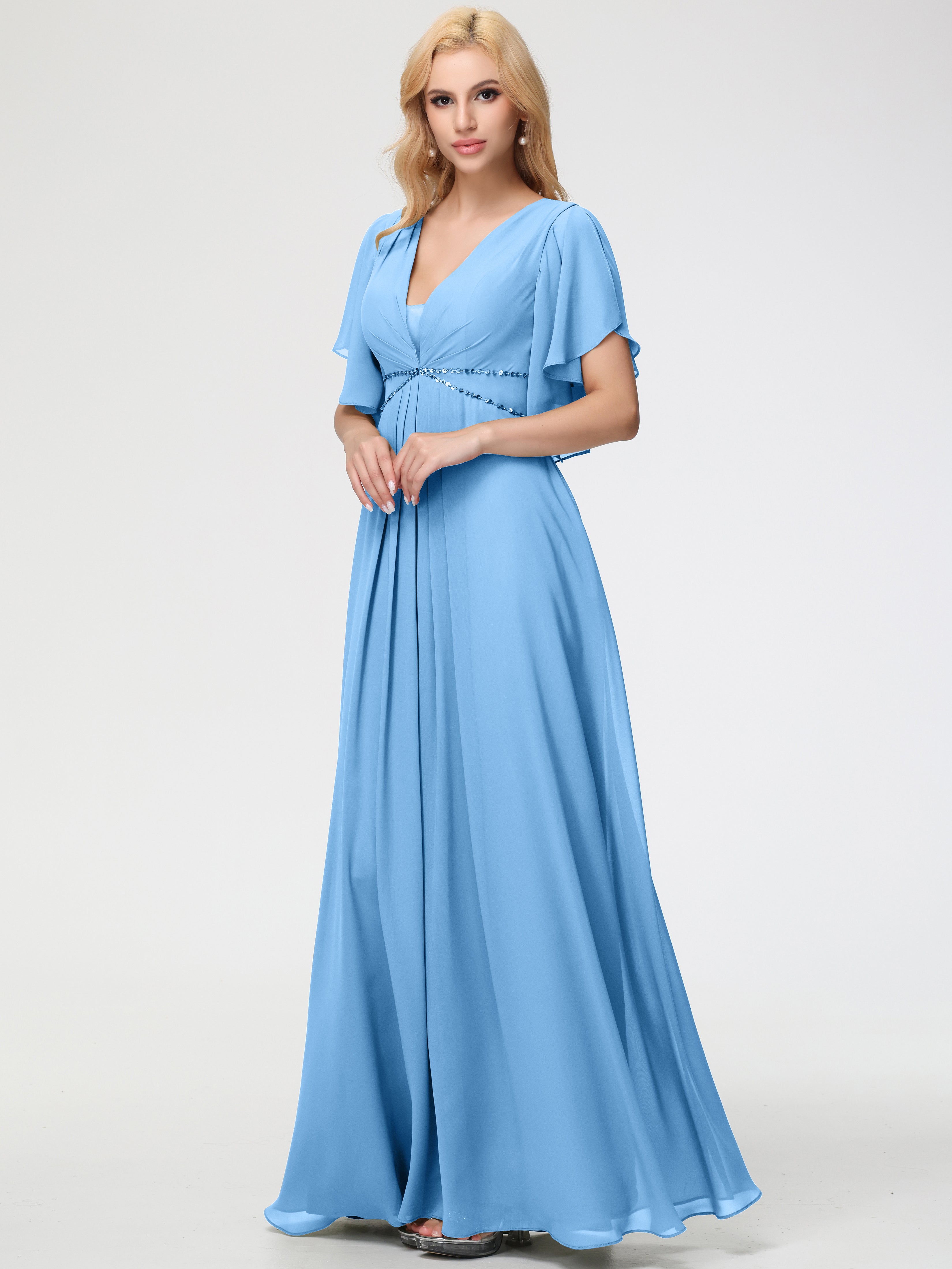 A-Line Sequins Sleeves Floor-Length Chiffon Bridesmaid Dresses