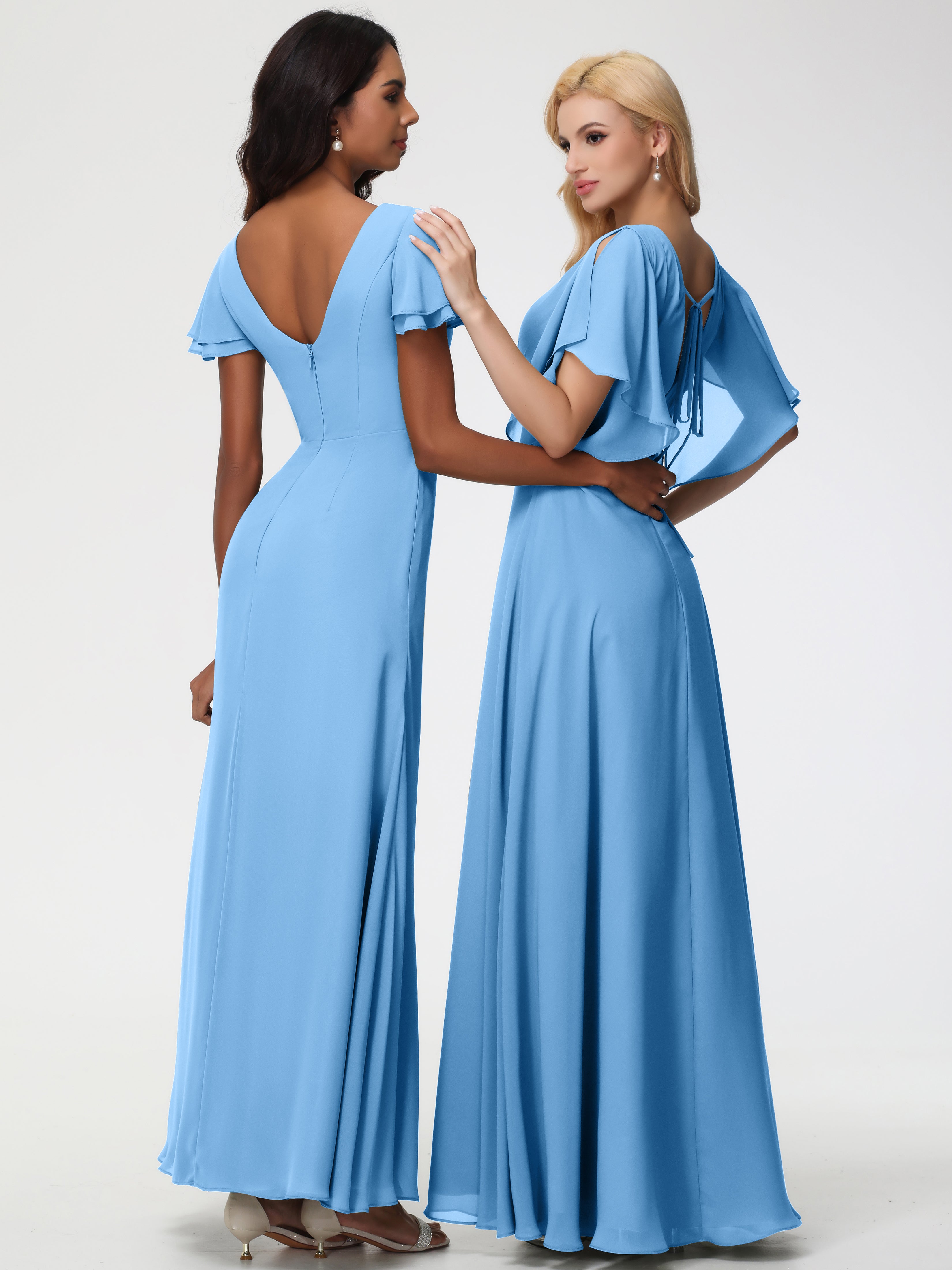 A-Line Sequins Sleeves Floor-Length Chiffon Bridesmaid Dresses