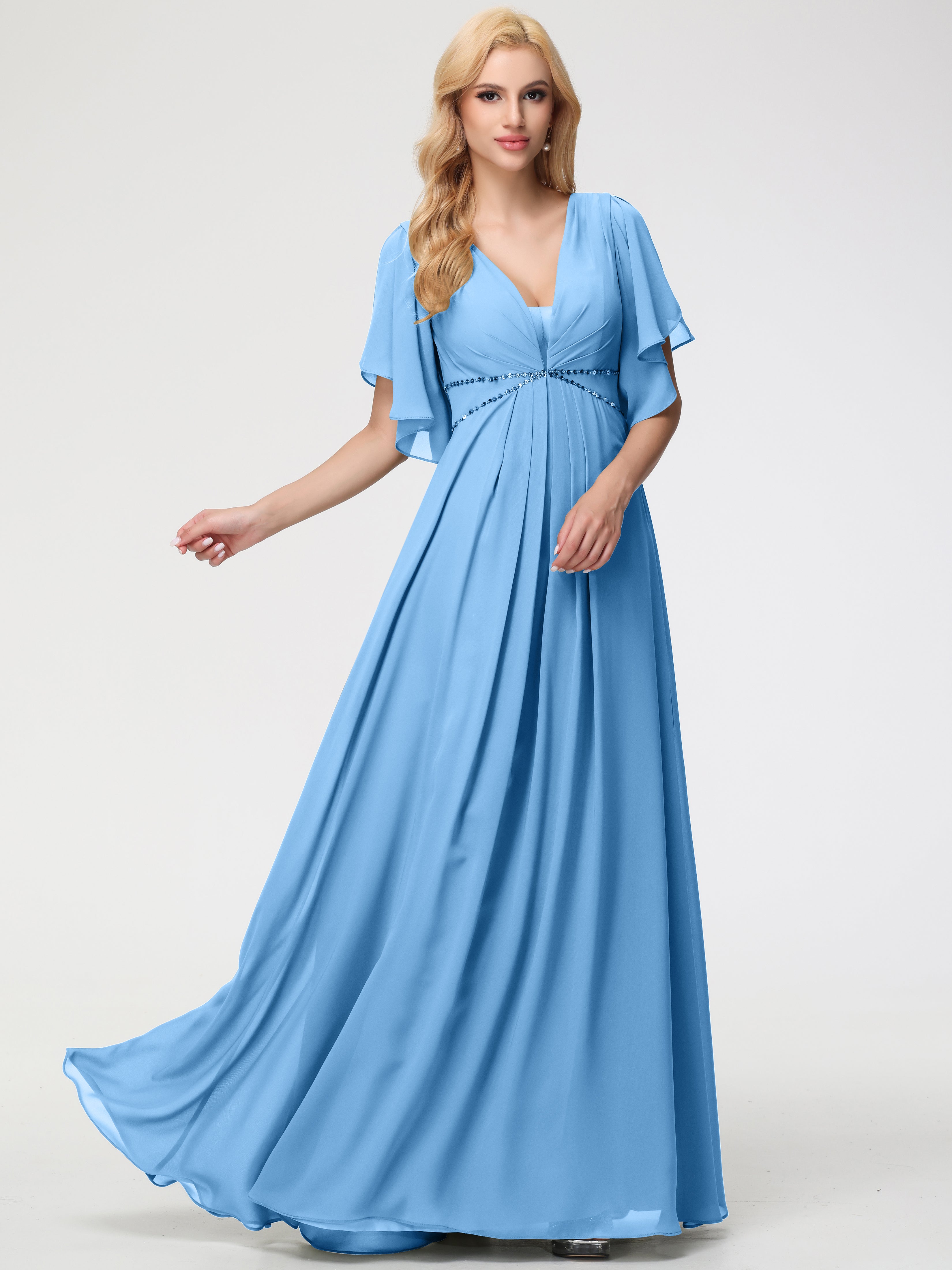 A-Line Sequins Sleeves Floor-Length Chiffon Bridesmaid Dresses