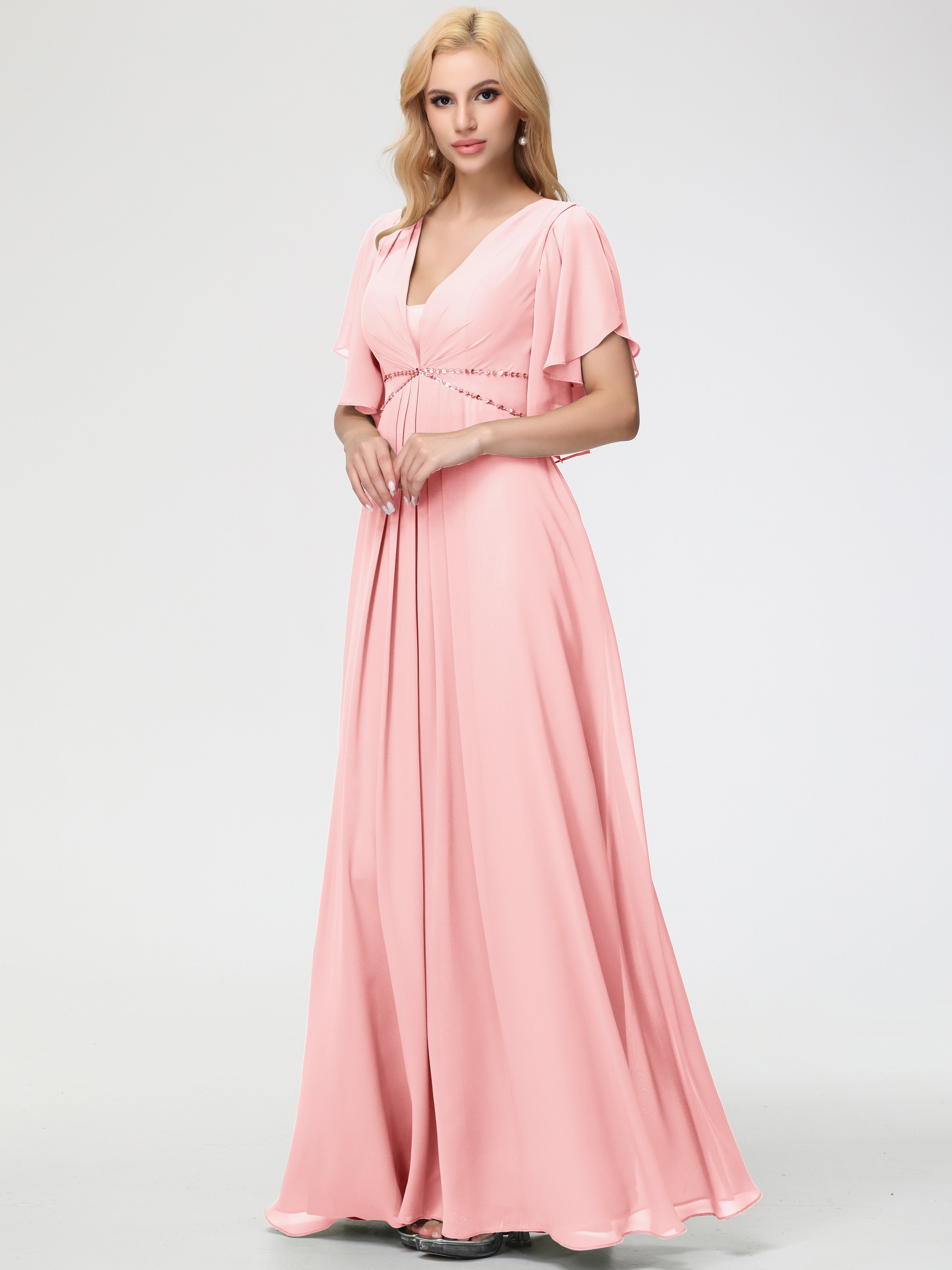 A-Line Sequins Sleeves Floor-Length Chiffon Bridesmaid Dresses