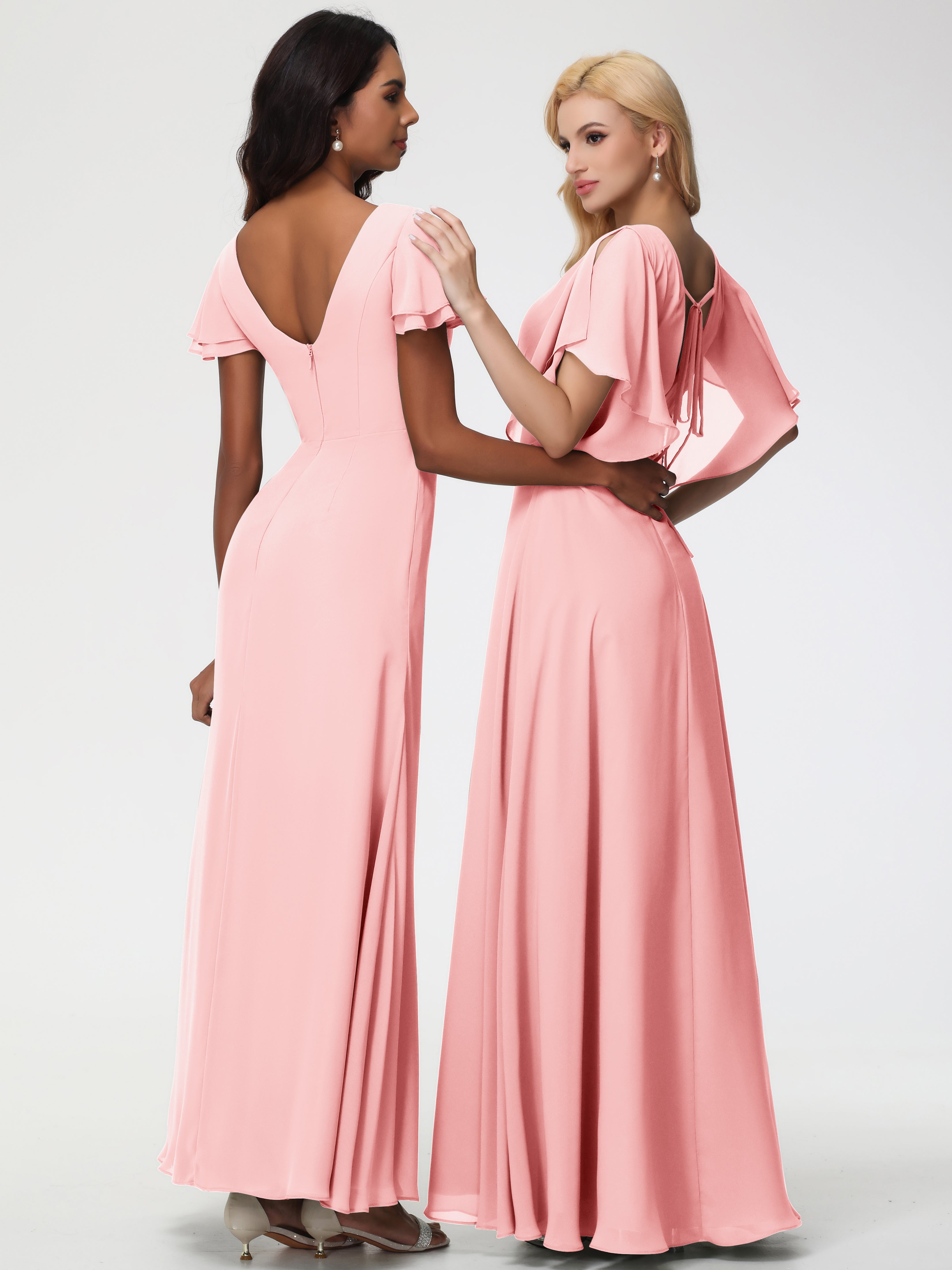 A-Line Sequins Sleeves Floor-Length Chiffon Bridesmaid Dresses