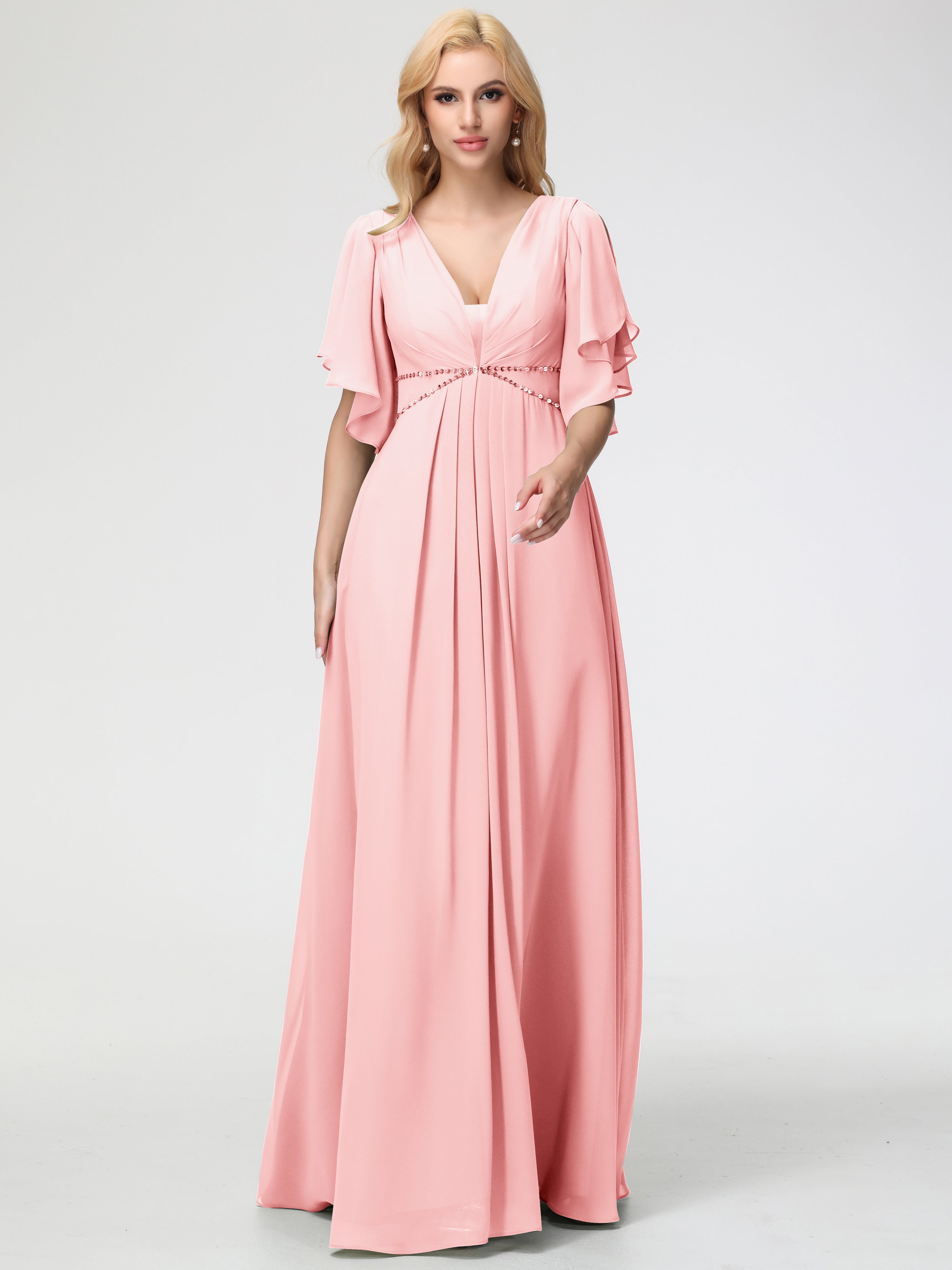 A-Line Sequins Sleeves Floor-Length Chiffon Bridesmaid Dresses