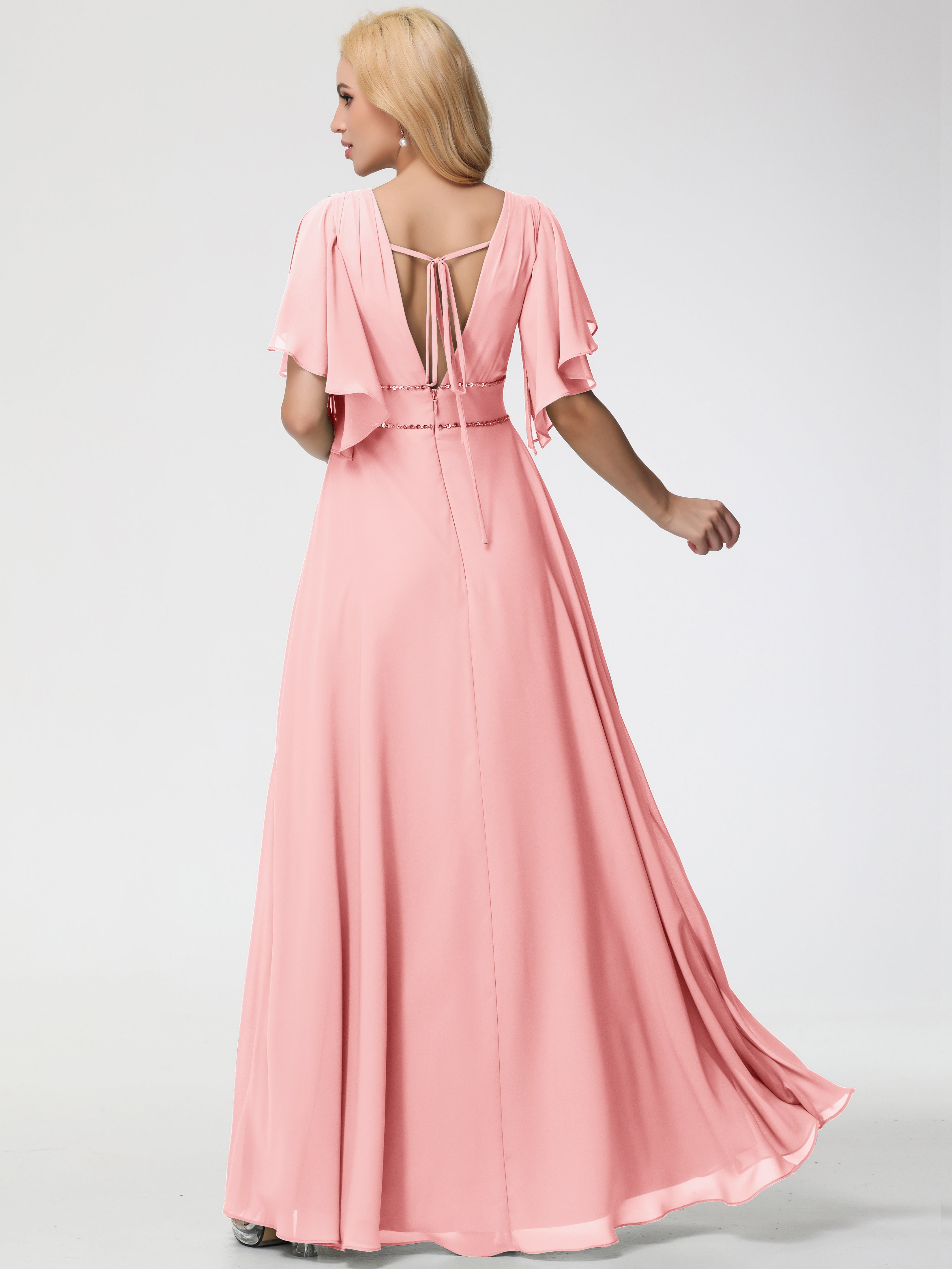A-Line Sequins Sleeves Floor-Length Chiffon Bridesmaid Dresses
