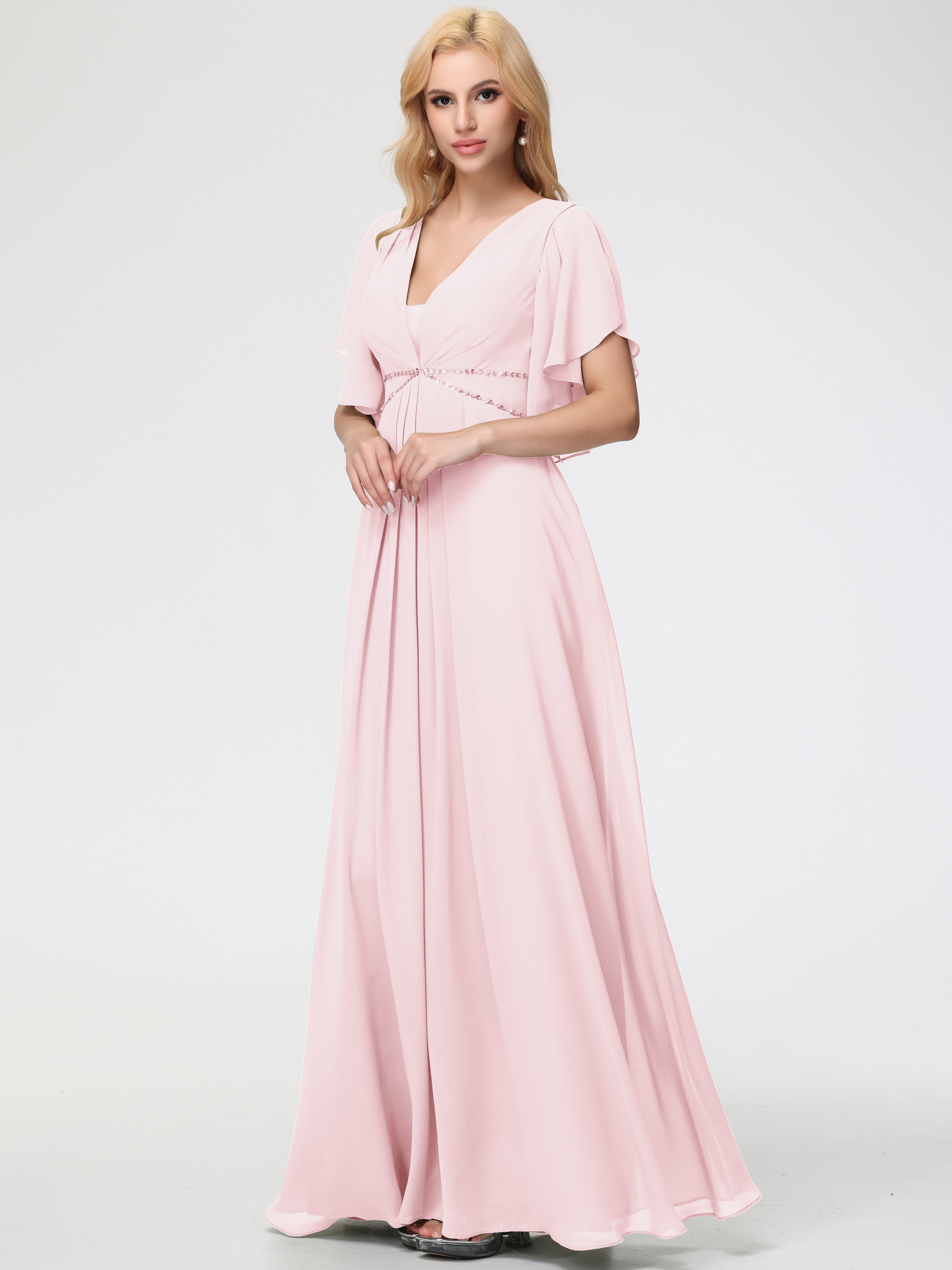 A-Line Sequins Sleeves Floor-Length Chiffon Bridesmaid Dresses