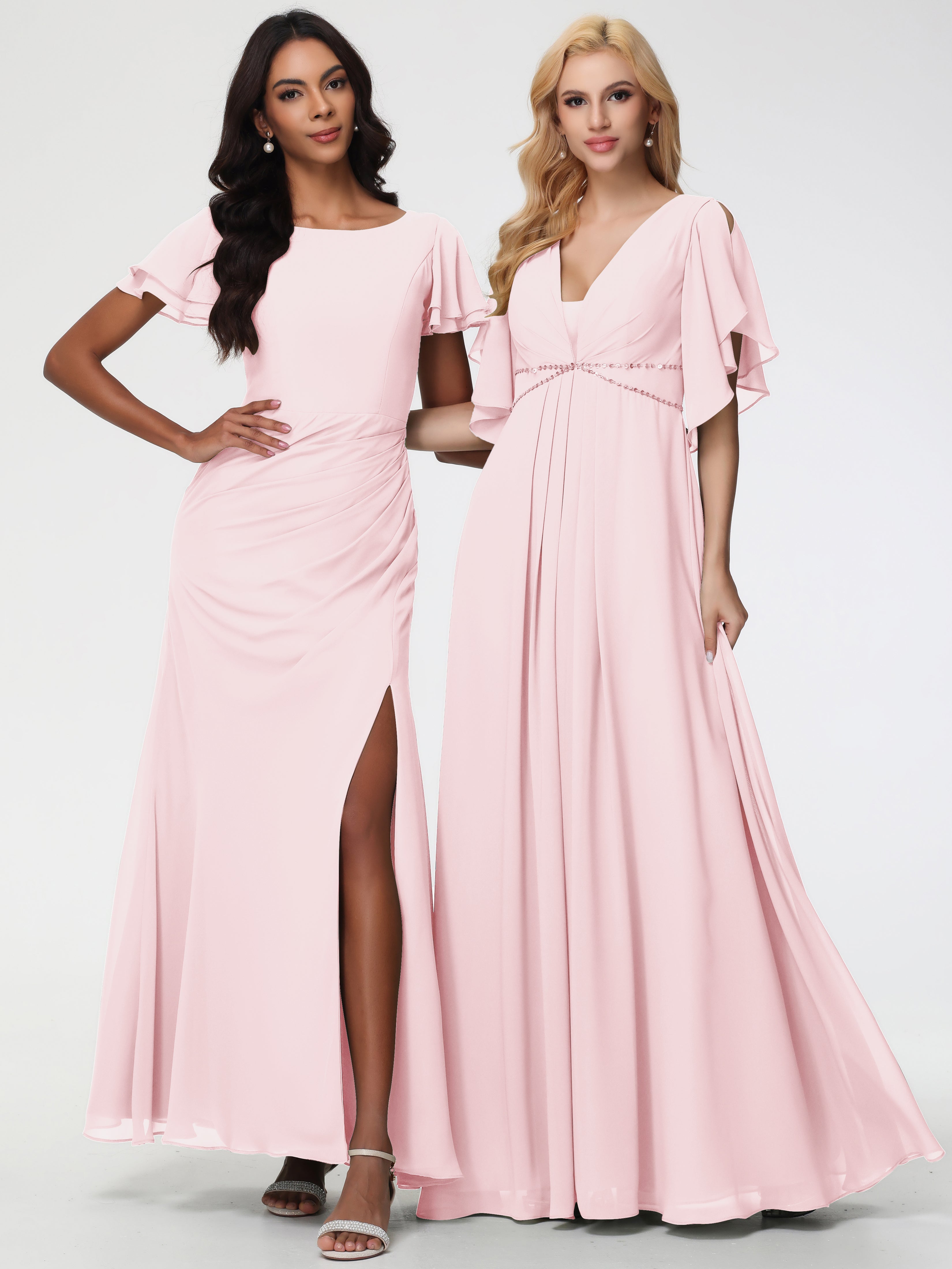 A-Line Sequins Sleeves Floor-Length Chiffon Bridesmaid Dresses
