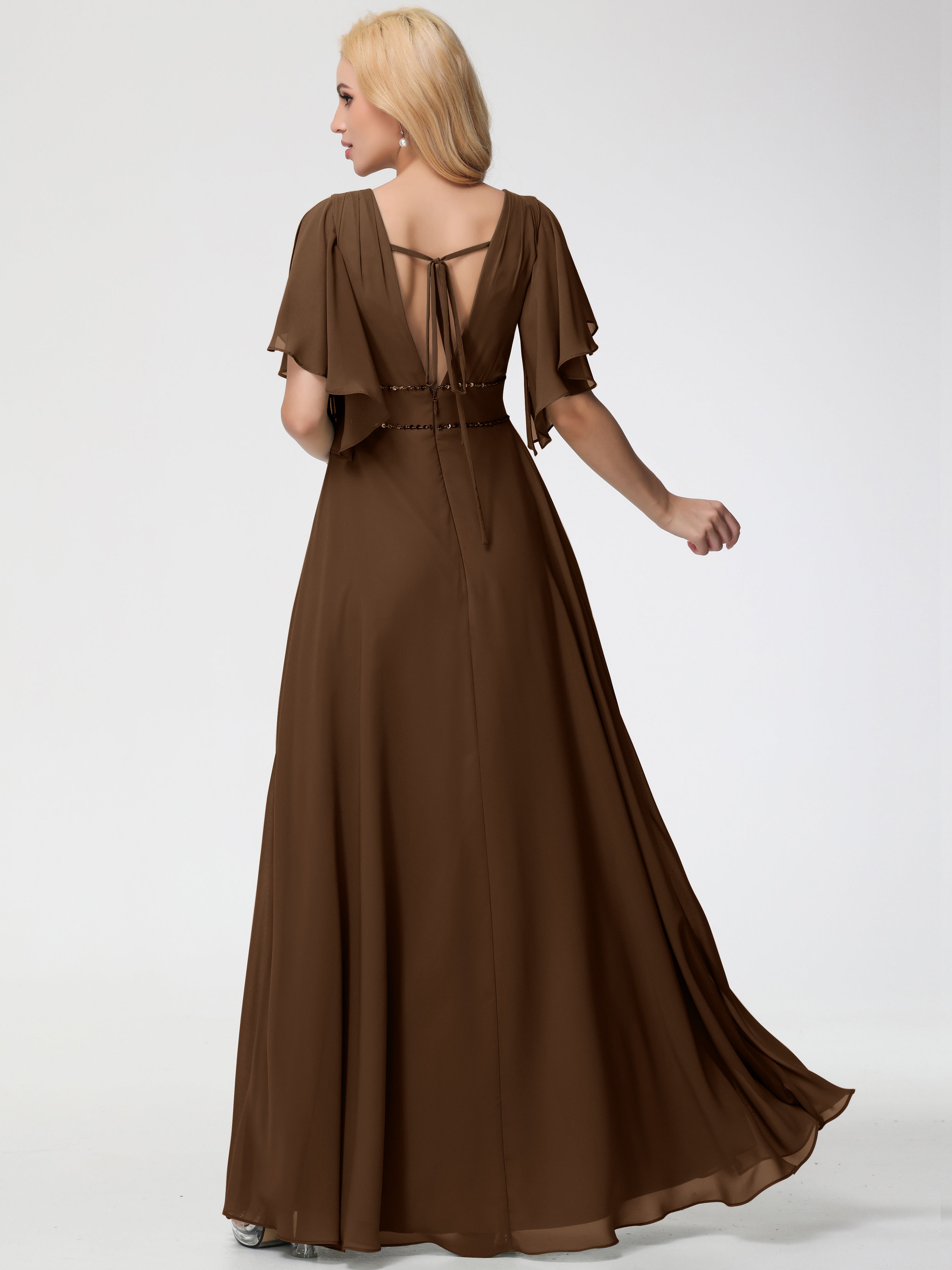 A-Line Sequins Sleeves Floor-Length Chiffon Bridesmaid Dresses