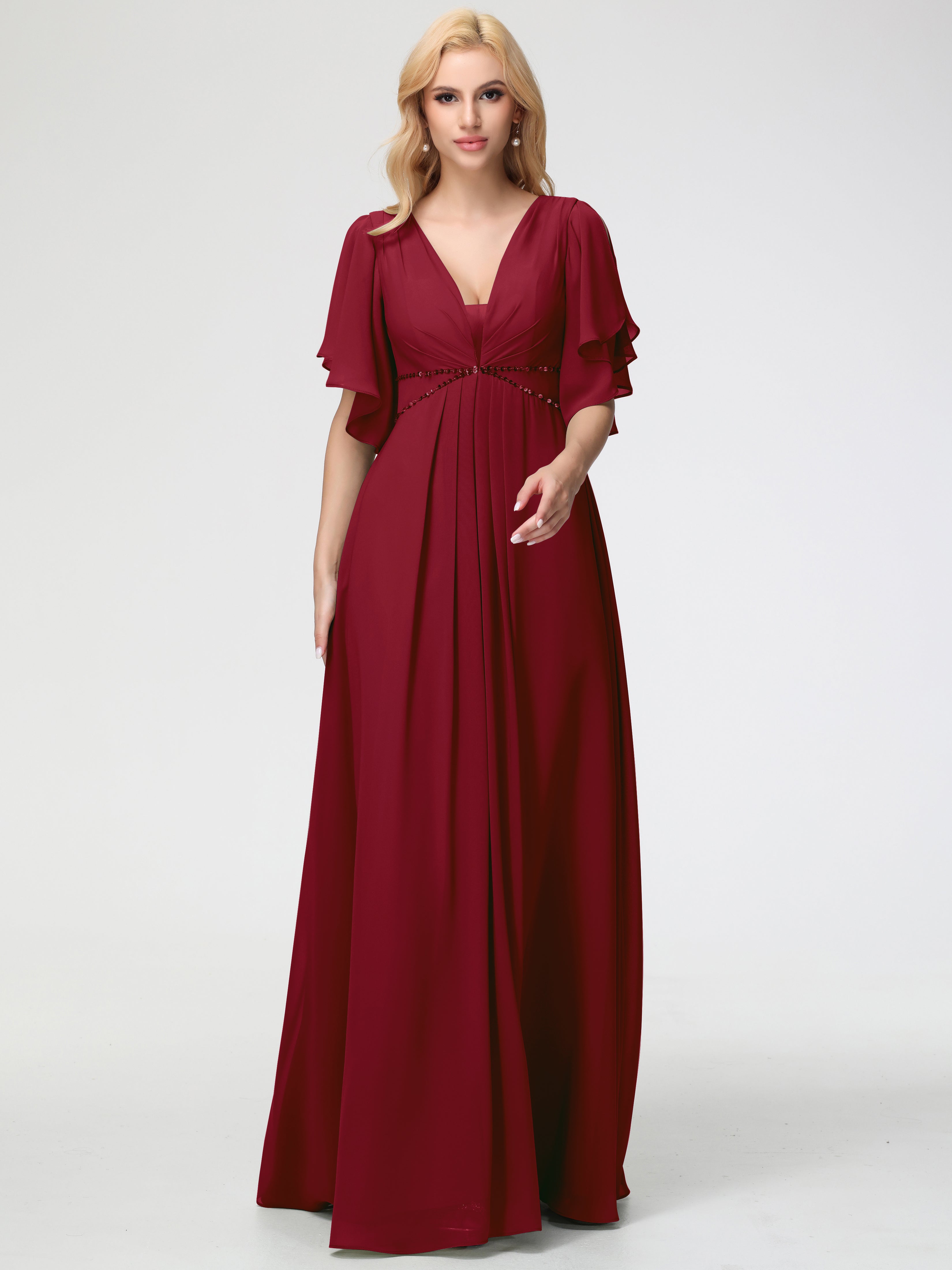 A-Line Sequins Sleeves Floor-Length Chiffon Bridesmaid Dresses