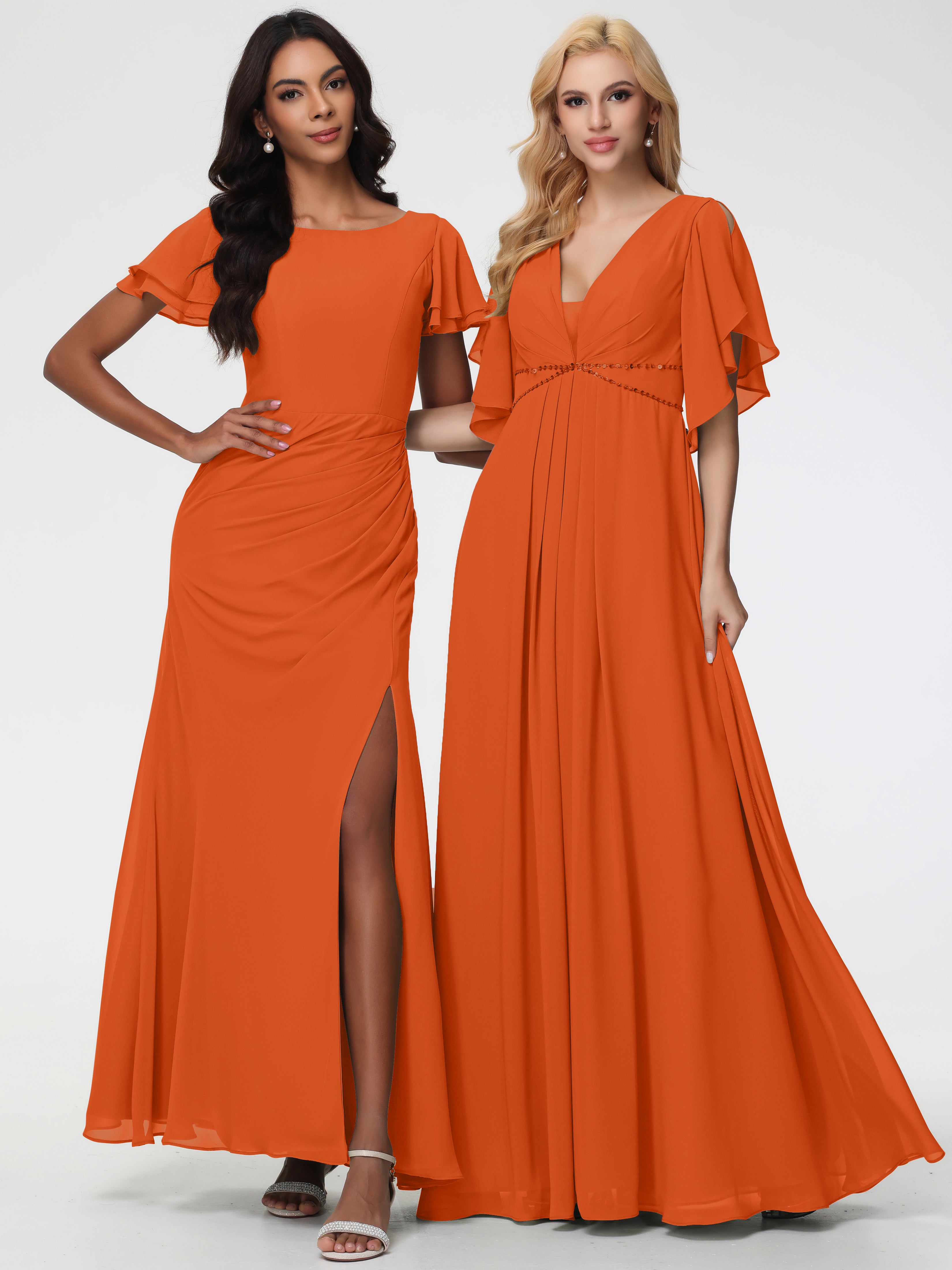 A-Line Sequins Sleeves Floor-Length Chiffon Bridesmaid Dresses