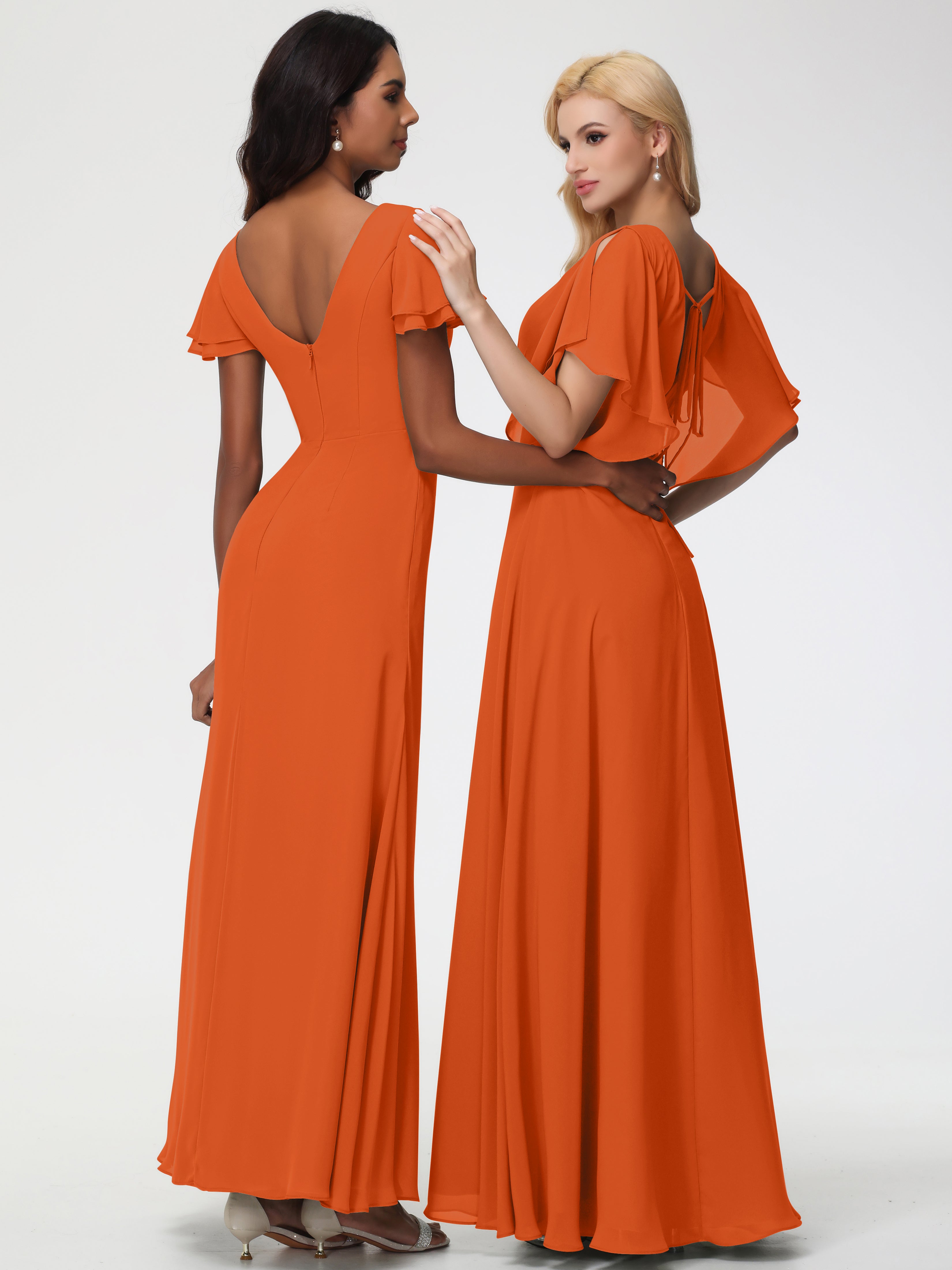 A-Line Sequins Sleeves Floor-Length Chiffon Bridesmaid Dresses