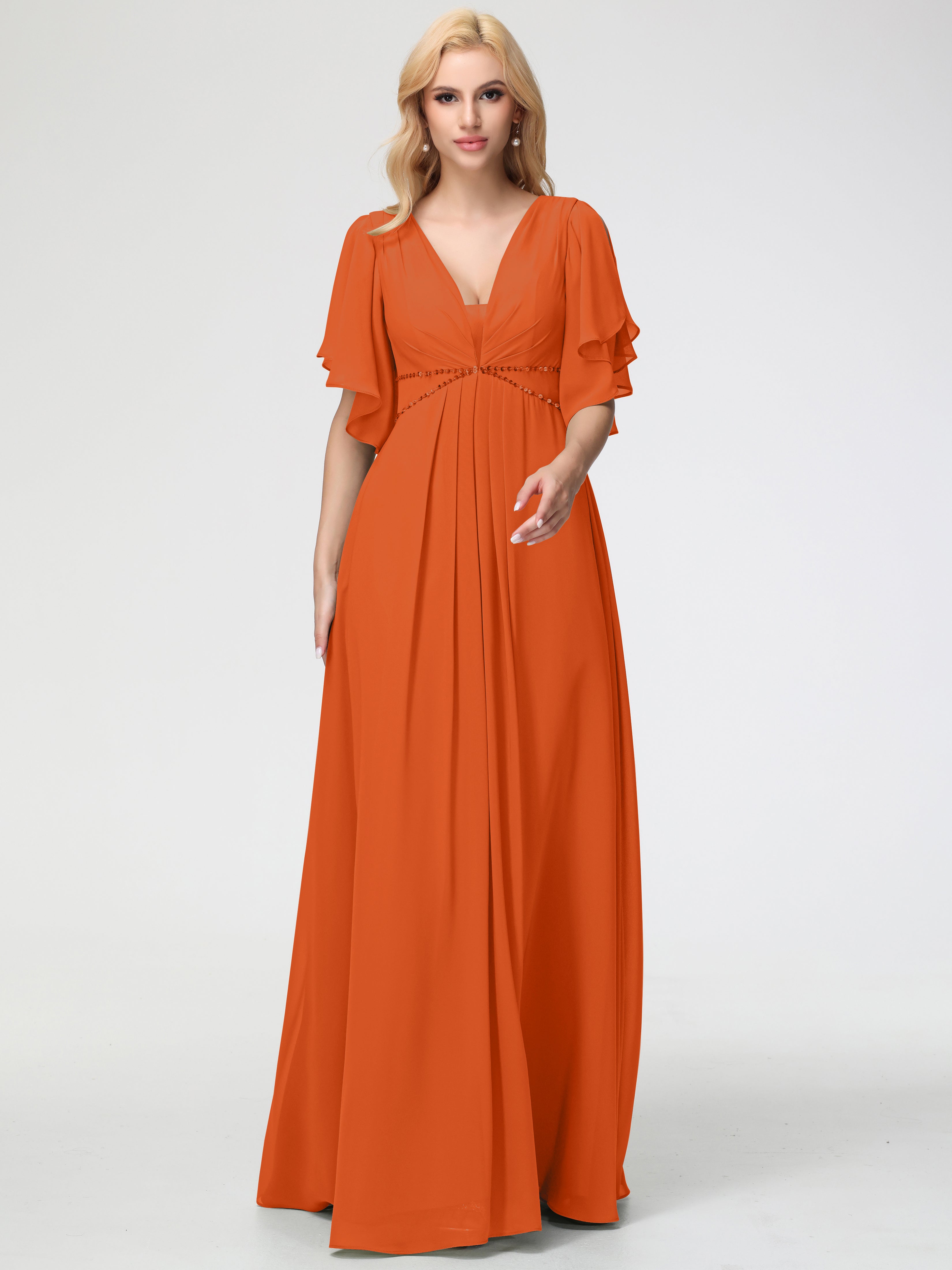 A-Line Sequins Sleeves Floor-Length Chiffon Bridesmaid Dresses