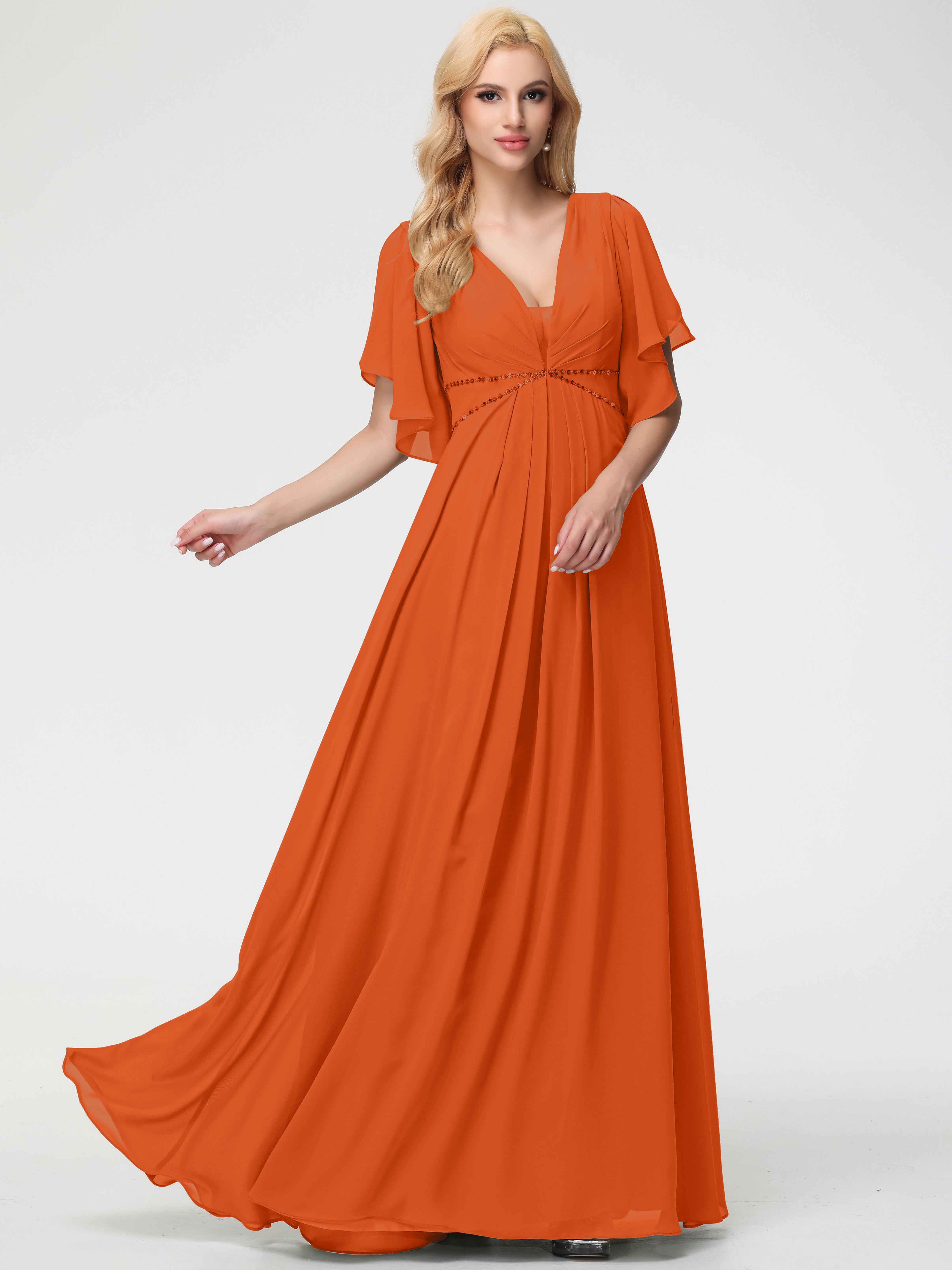 A-Line Sequins Sleeves Floor-Length Chiffon Bridesmaid Dresses