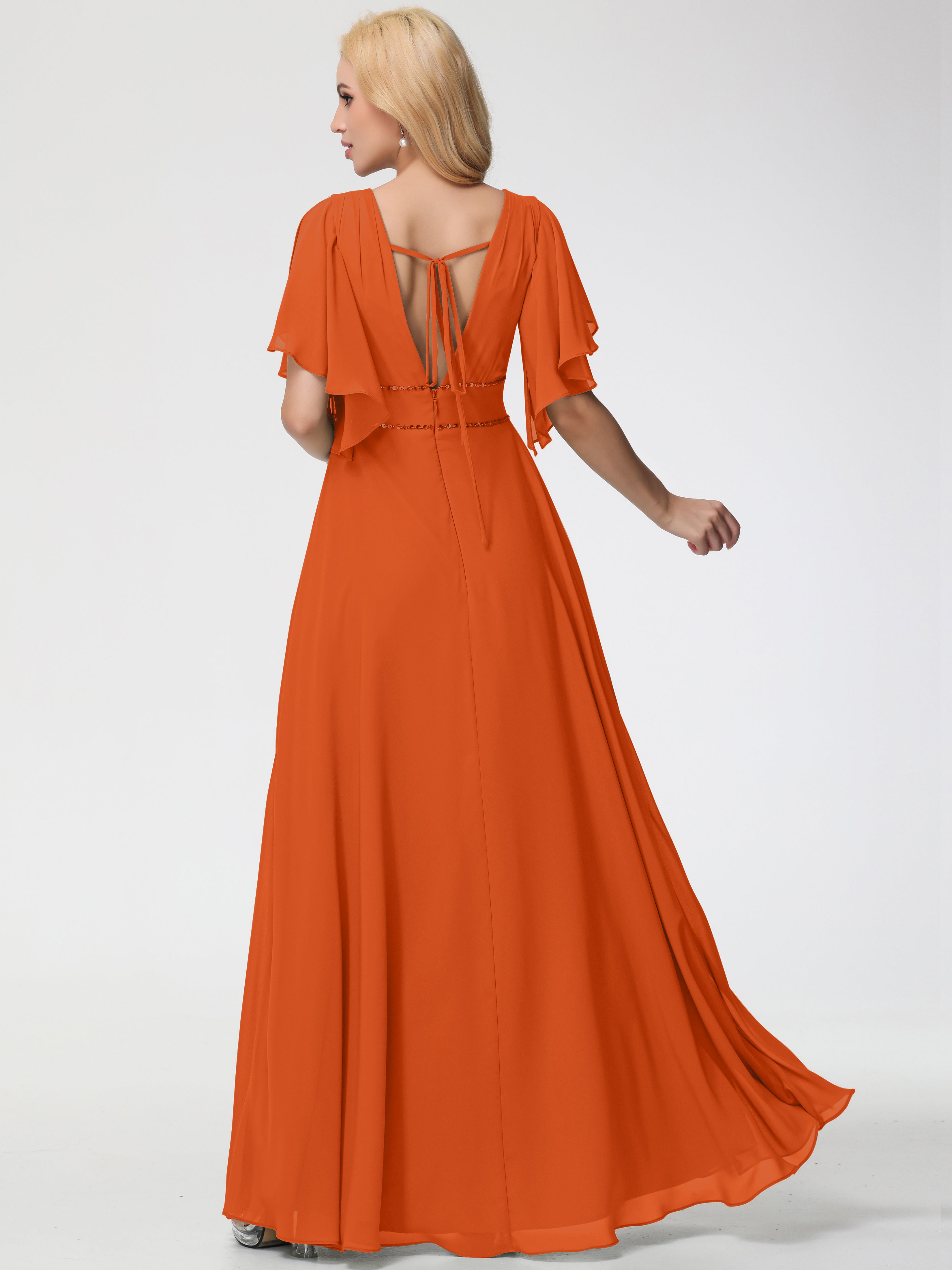A-Line Sequins Sleeves Floor-Length Chiffon Bridesmaid Dresses