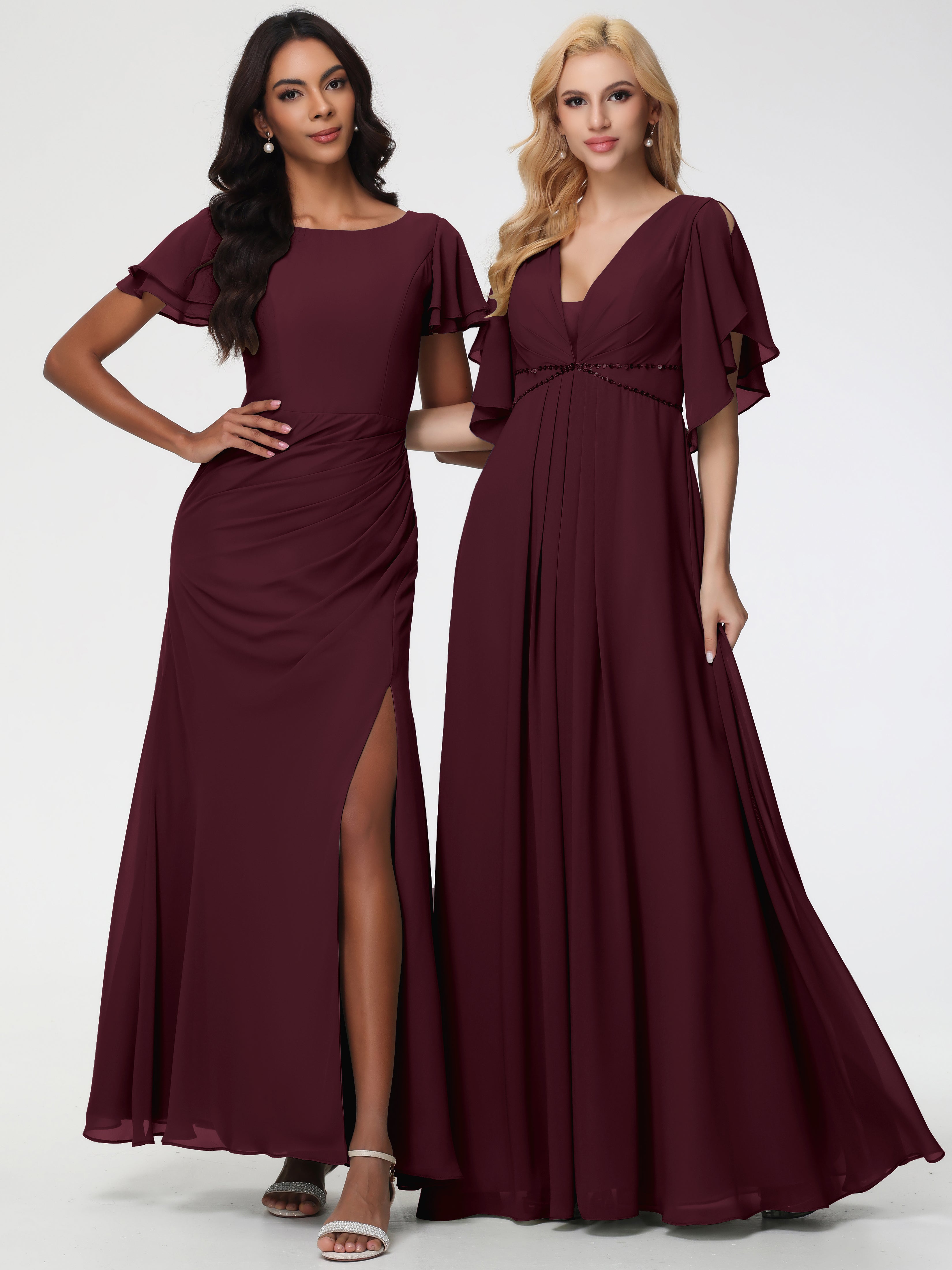 A-Line Sequins Sleeves Floor-Length Chiffon Bridesmaid Dresses