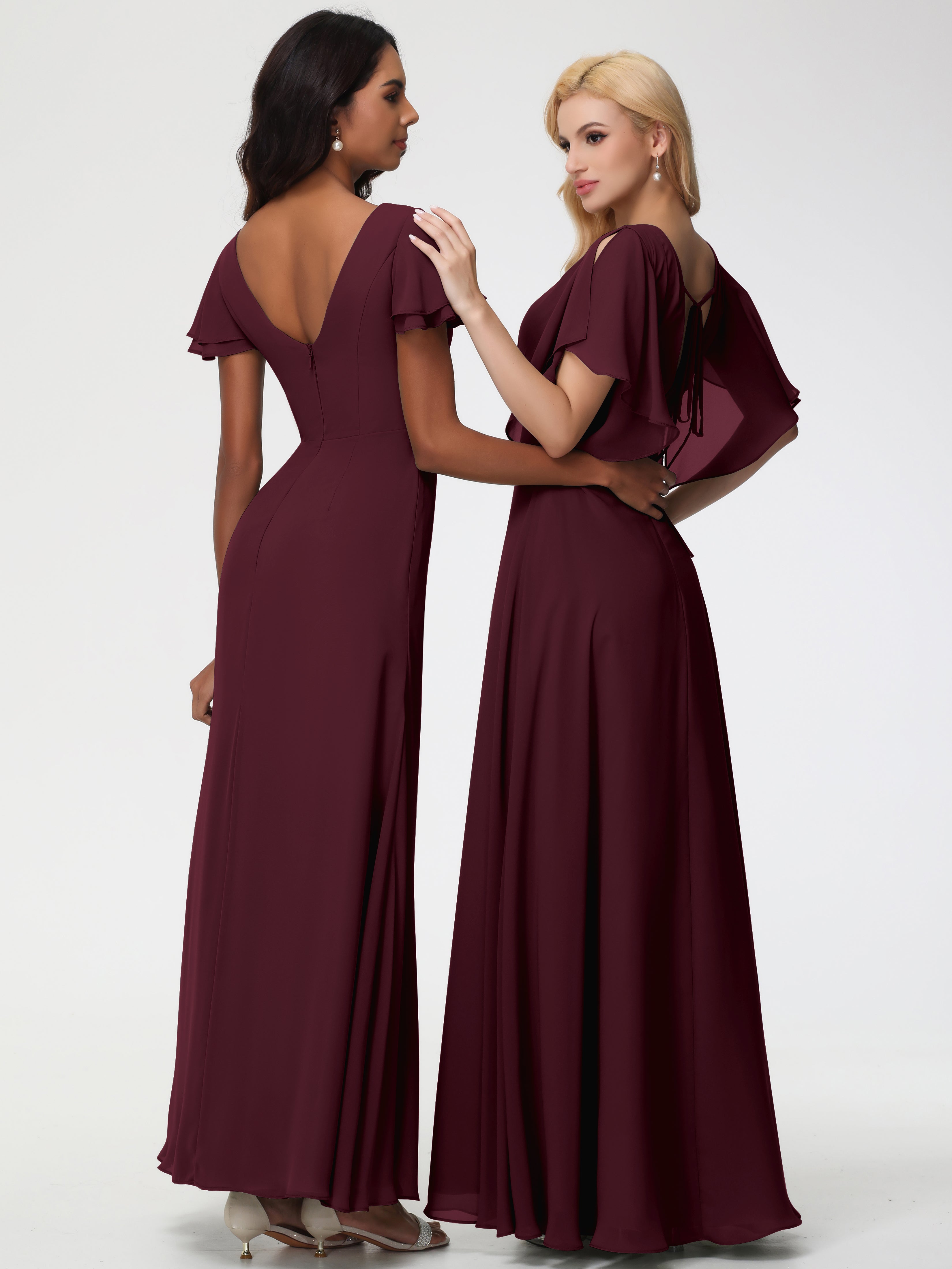 A-Line Sequins Sleeves Floor-Length Chiffon Bridesmaid Dresses