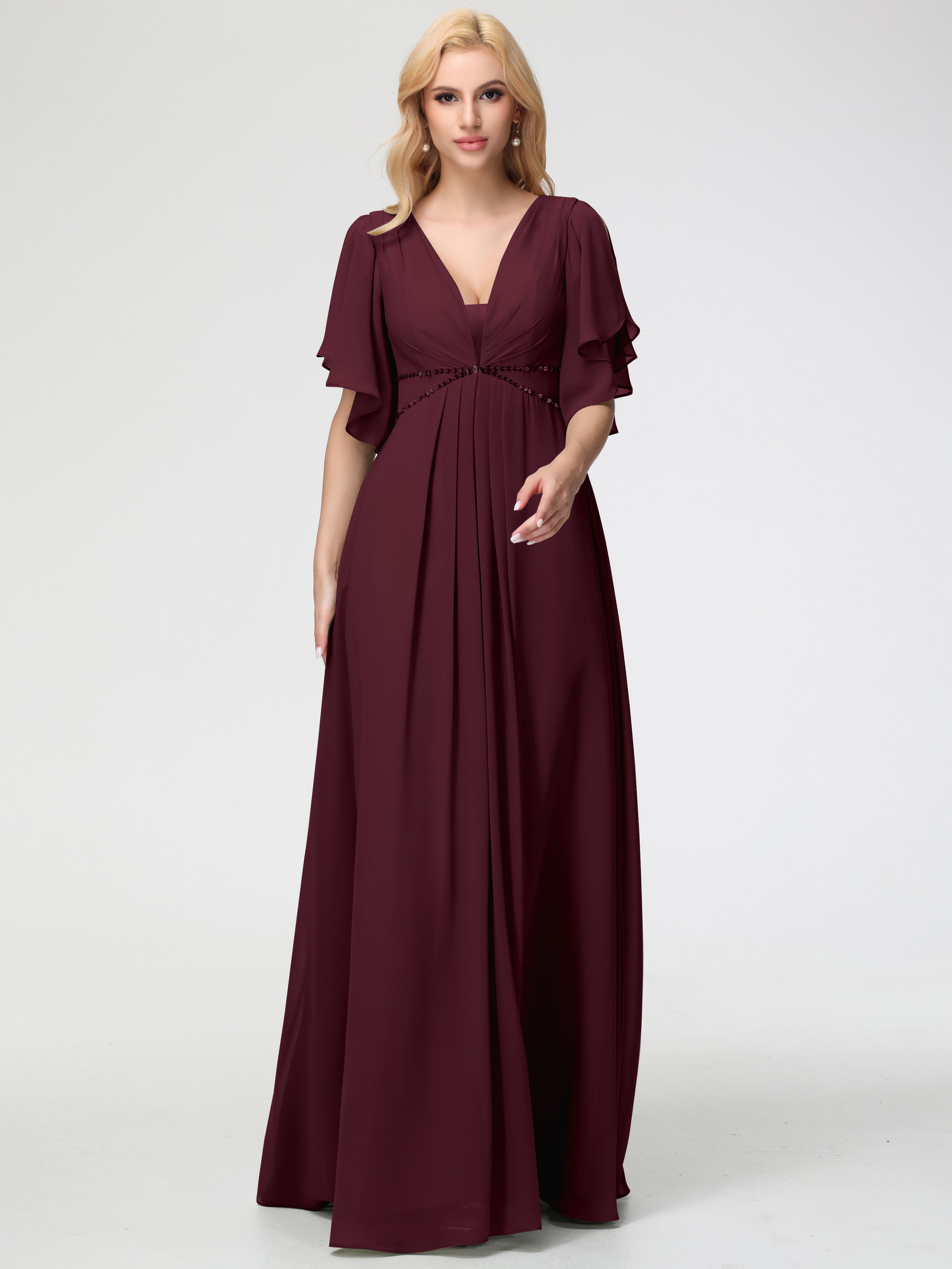 A-Line Sequins Sleeves Floor-Length Chiffon Bridesmaid Dresses
