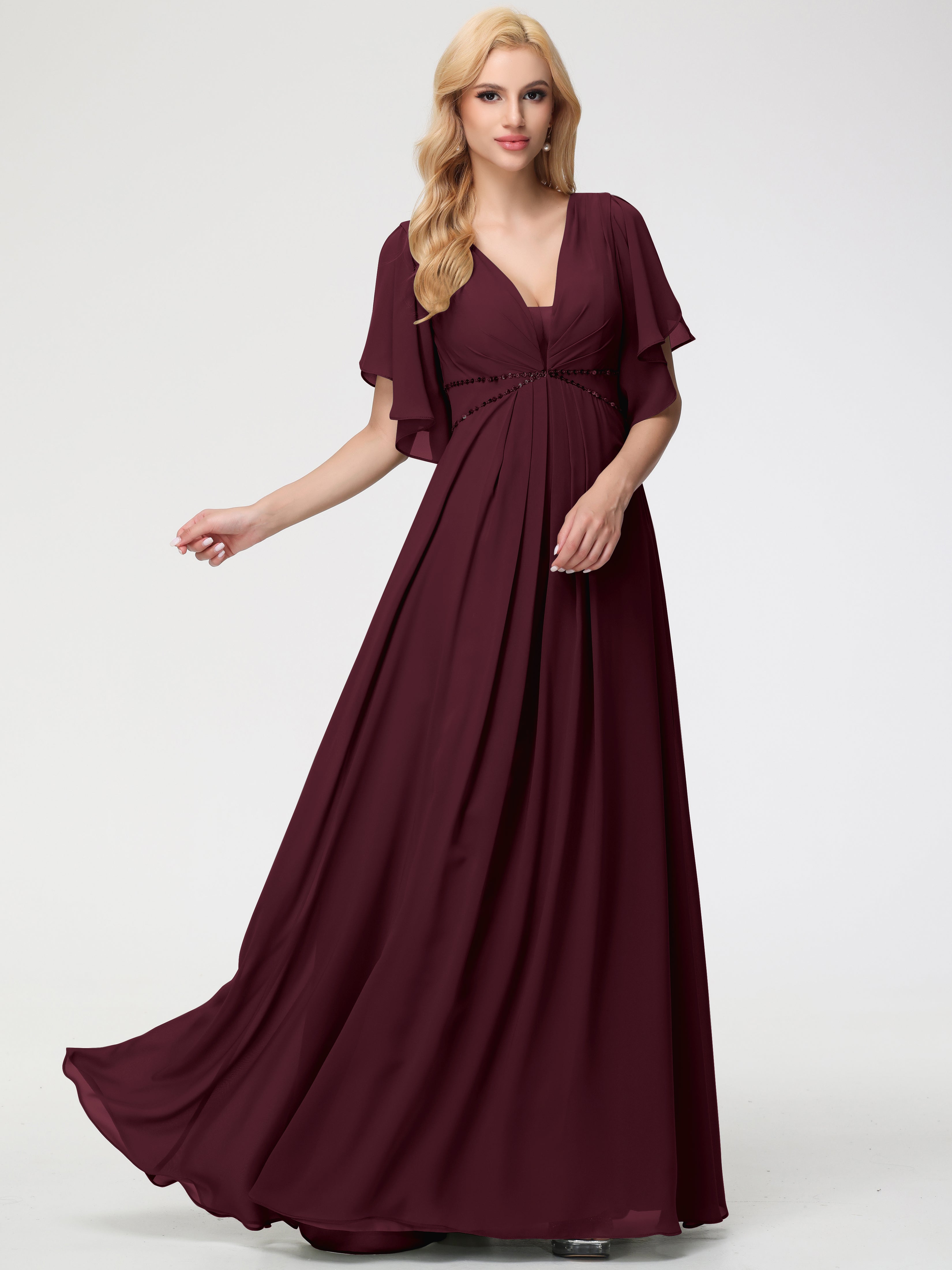 A-Line Sequins Sleeves Floor-Length Chiffon Bridesmaid Dresses