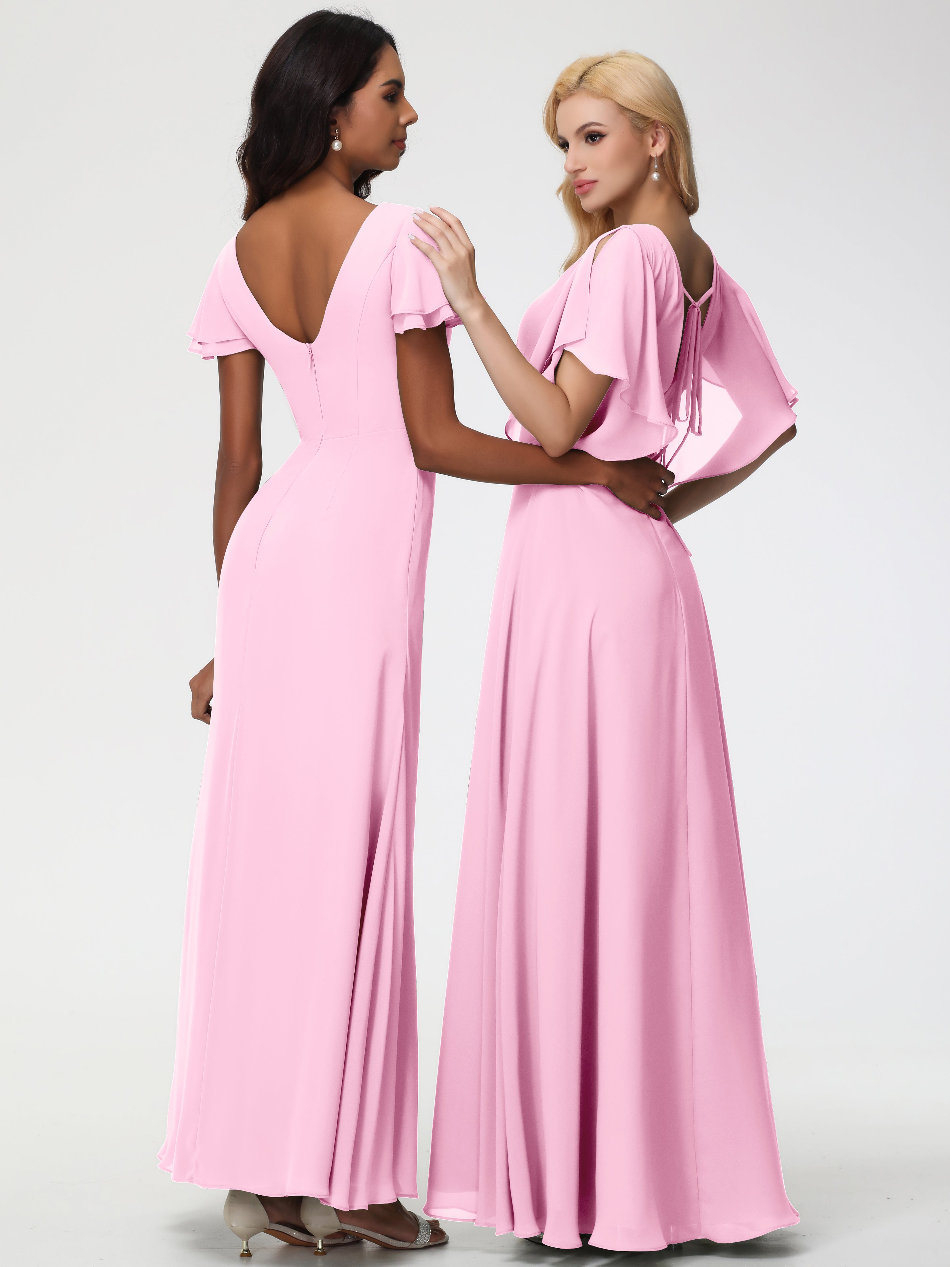 A-Line Sequins Sleeves Floor-Length Chiffon Bridesmaid Dresses