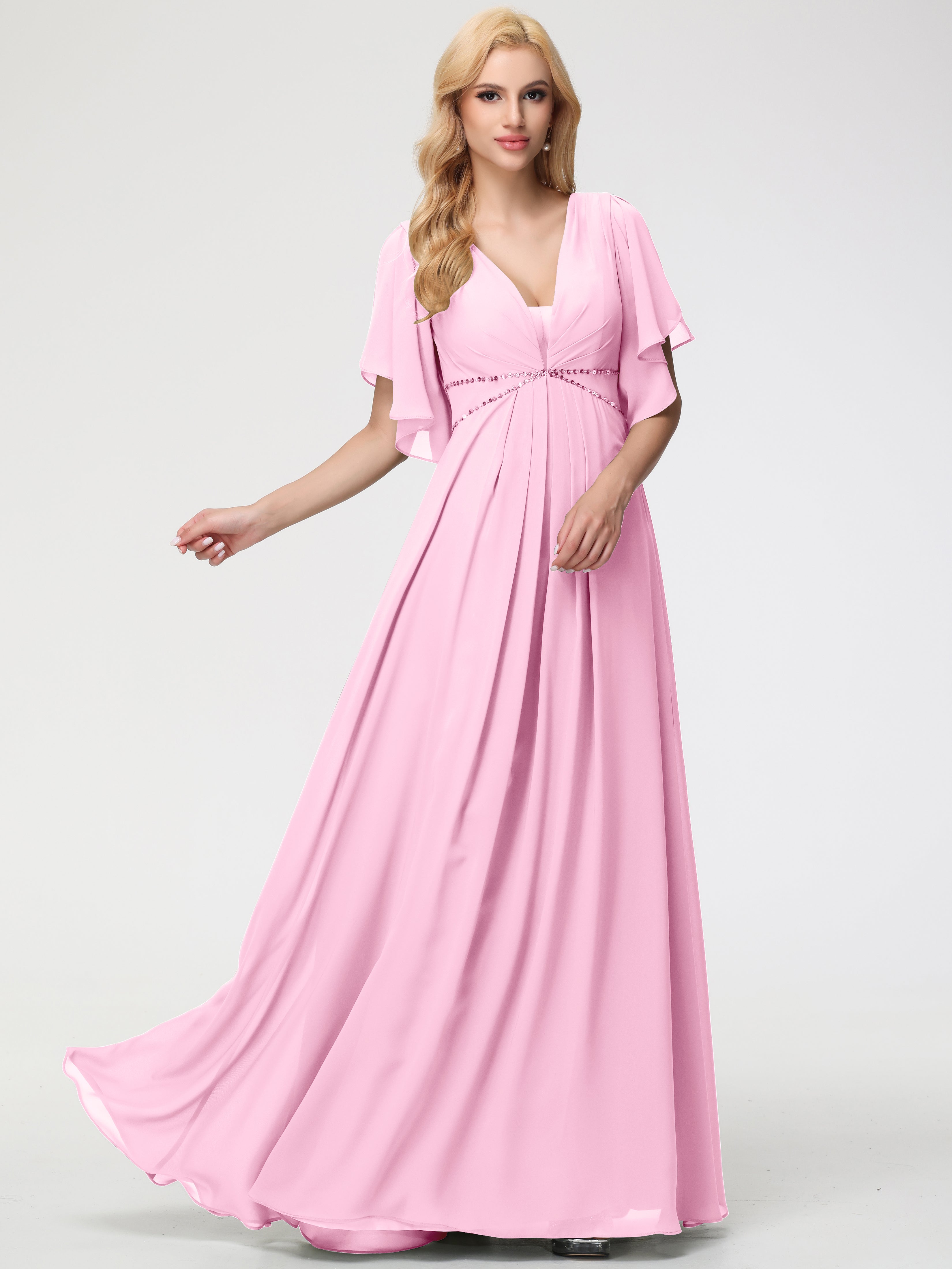 A-Line Sequins Sleeves Floor-Length Chiffon Bridesmaid Dresses