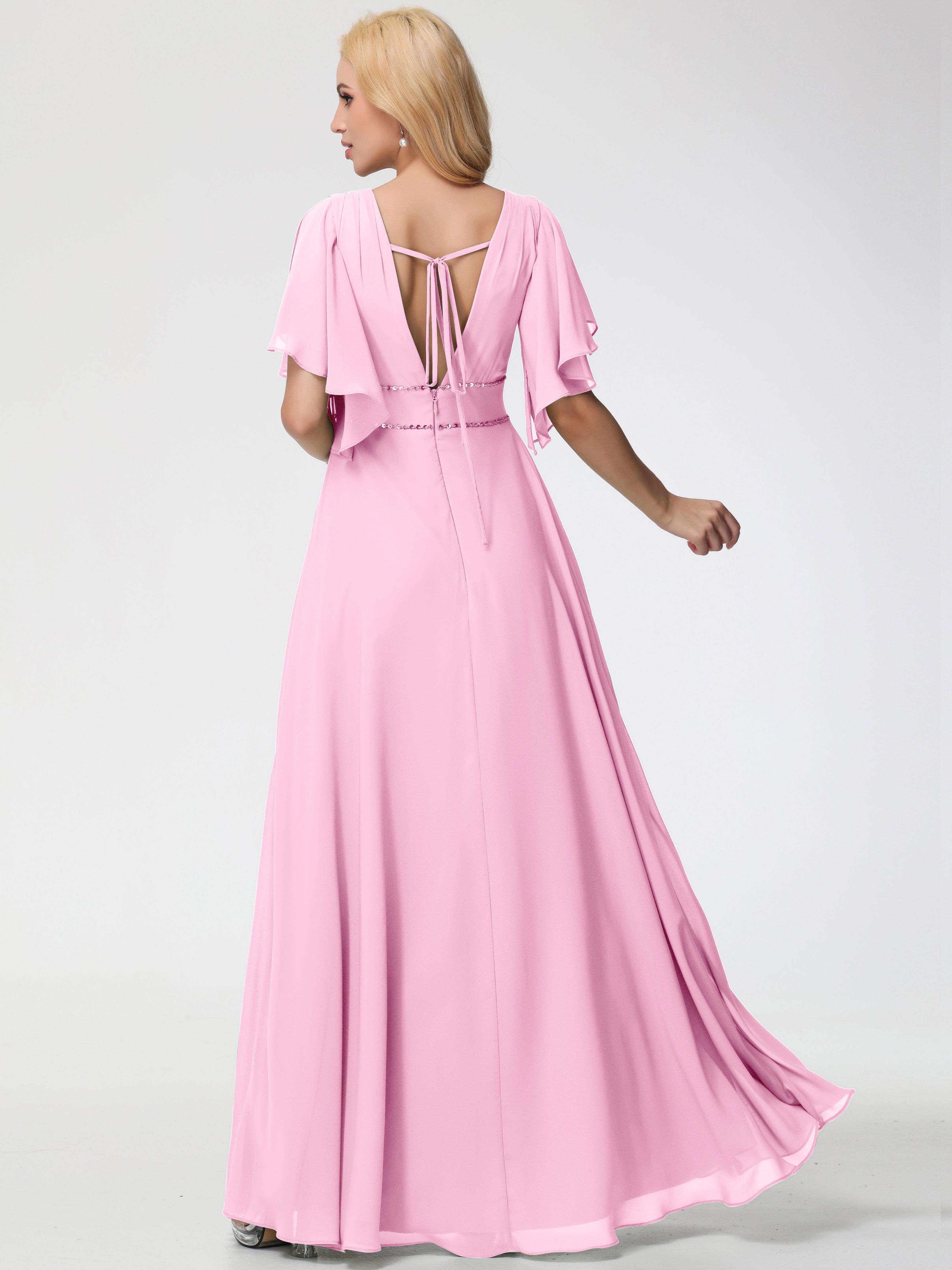 A-Line Sequins Sleeves Floor-Length Chiffon Bridesmaid Dresses
