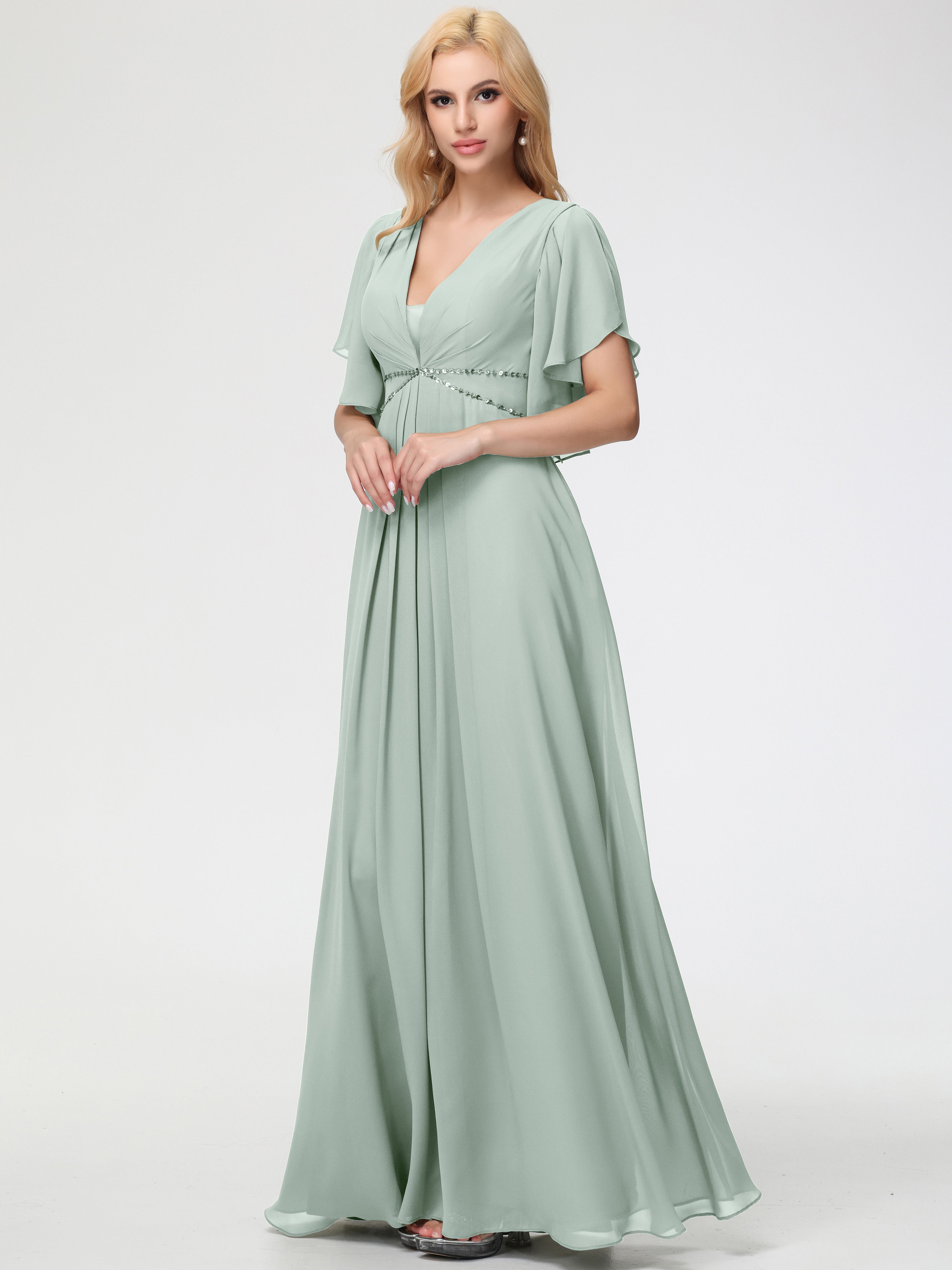 A-Line Sequins Sleeves Floor-Length Chiffon Bridesmaid Dresses