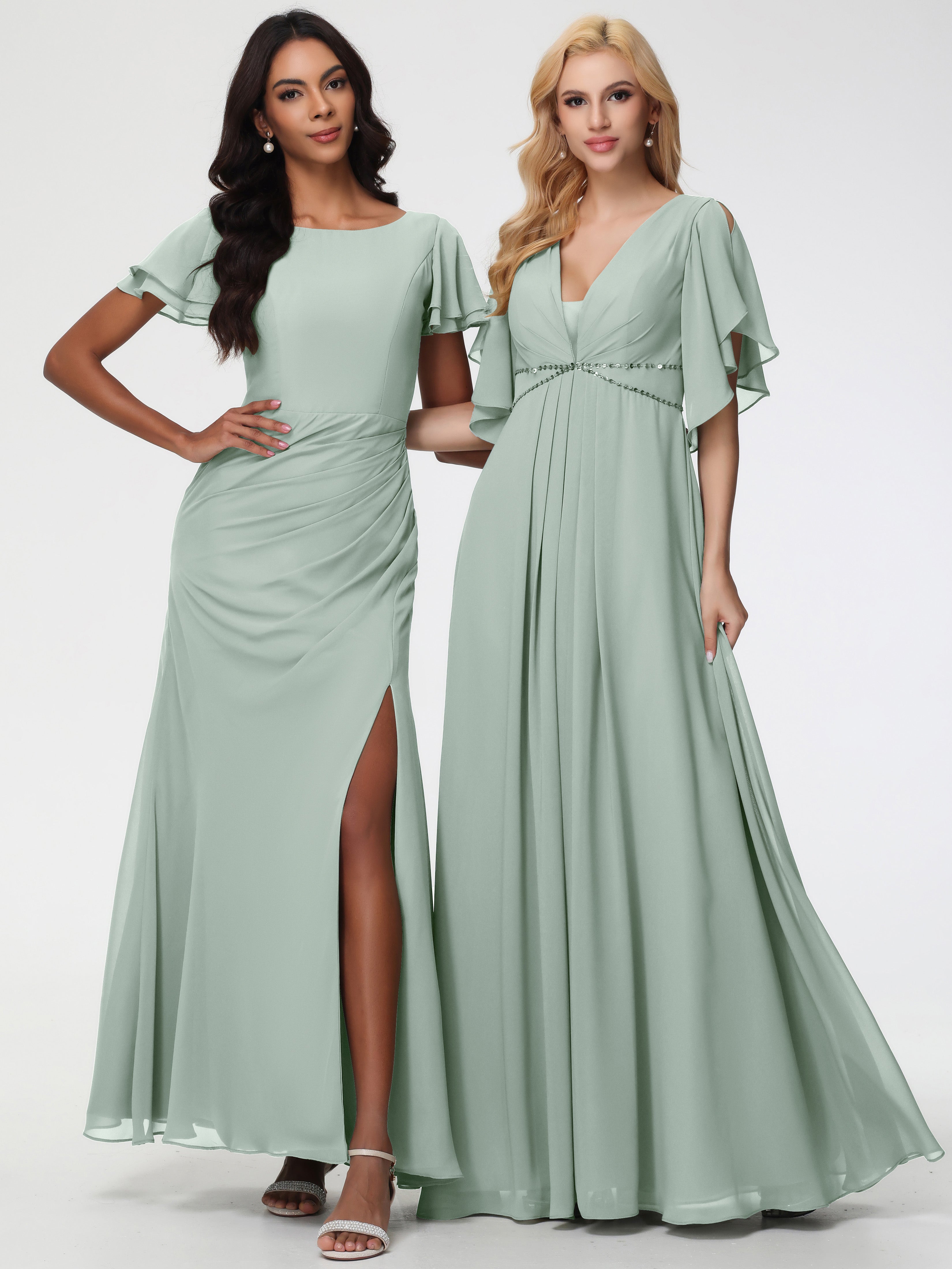 A-Line Sequins Sleeves Floor-Length Chiffon Bridesmaid Dresses
