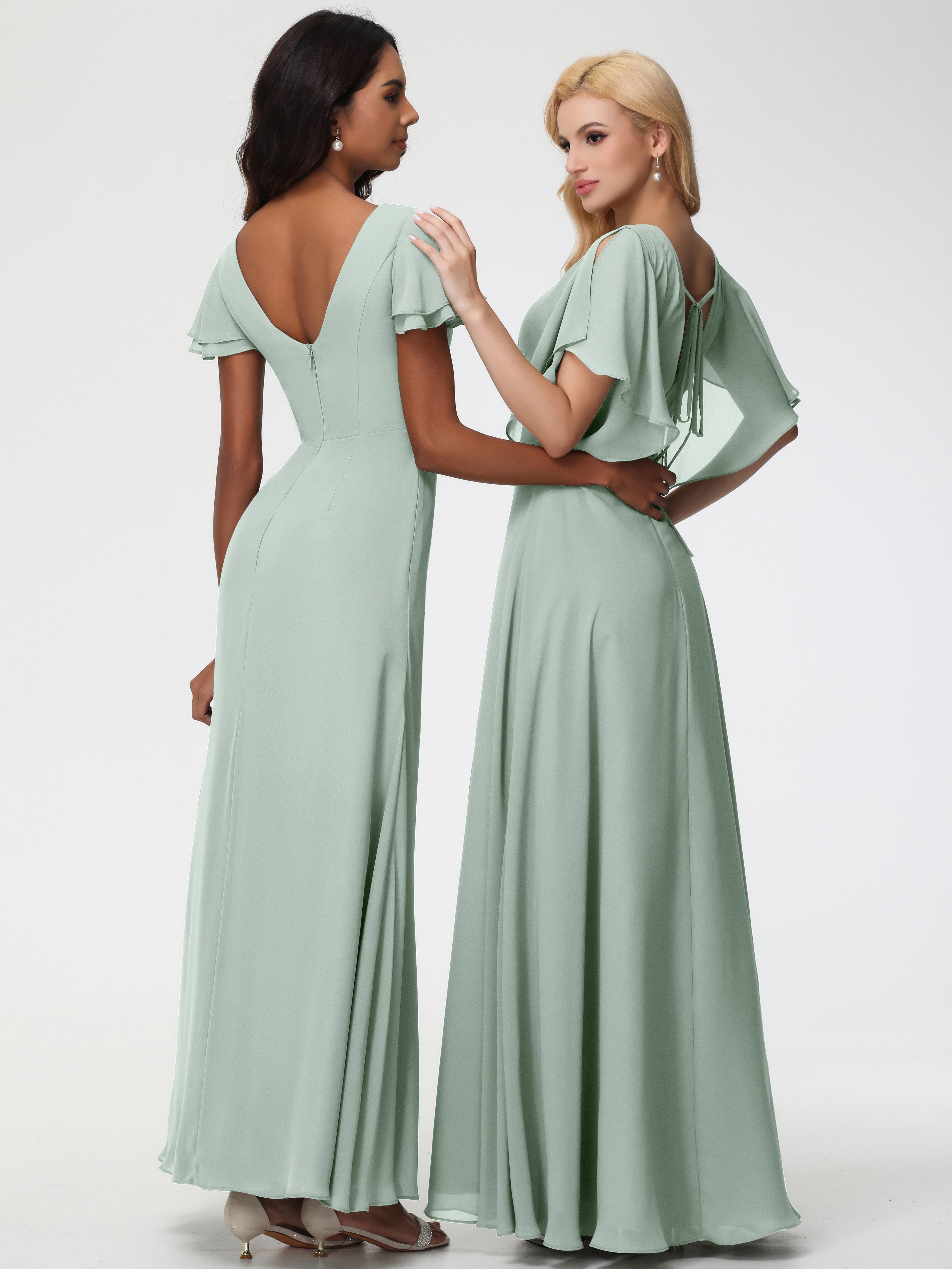 A-Line Sequins Sleeves Floor-Length Chiffon Bridesmaid Dresses