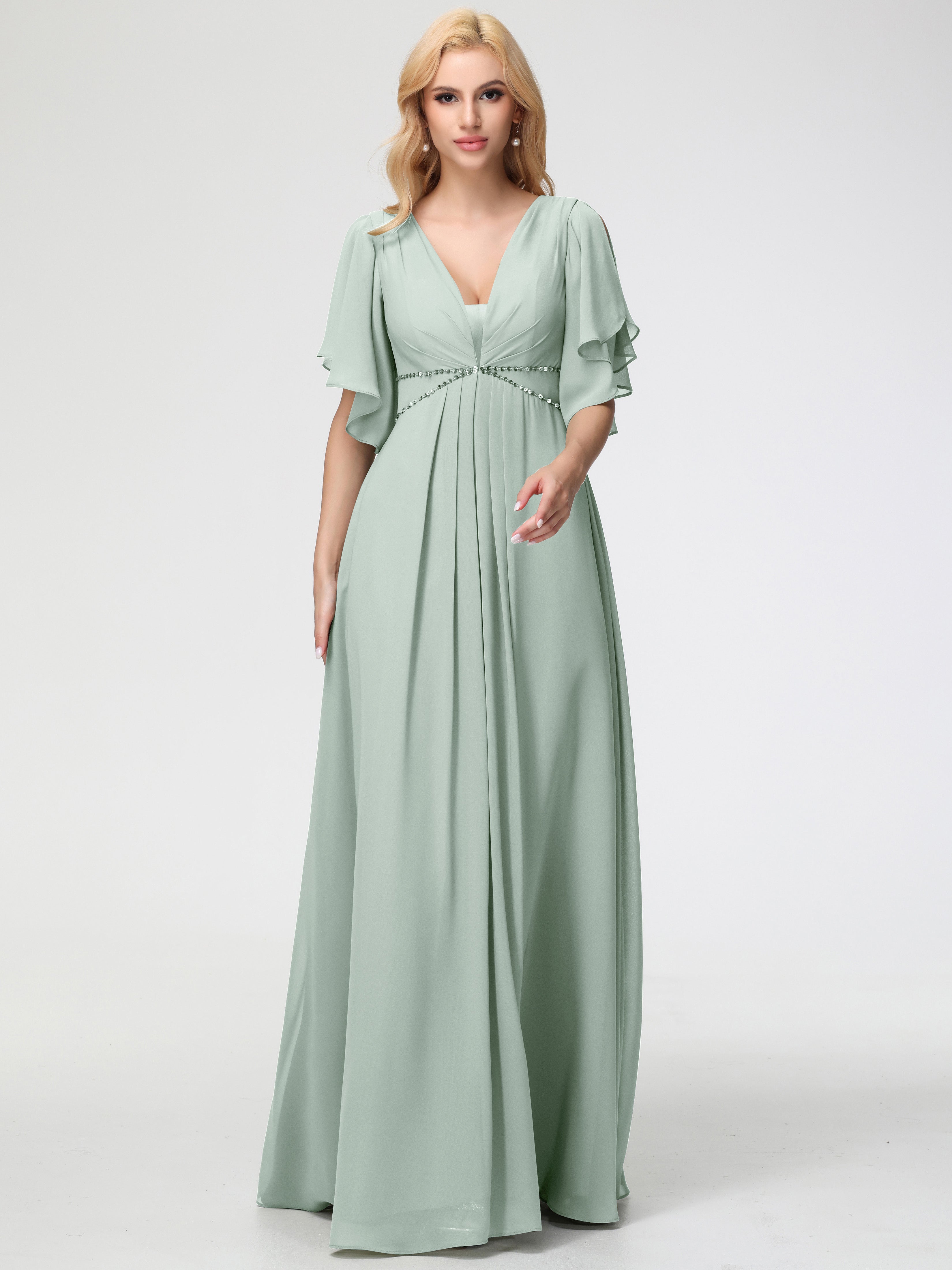 A-Line Sequins Sleeves Floor-Length Chiffon Bridesmaid Dresses