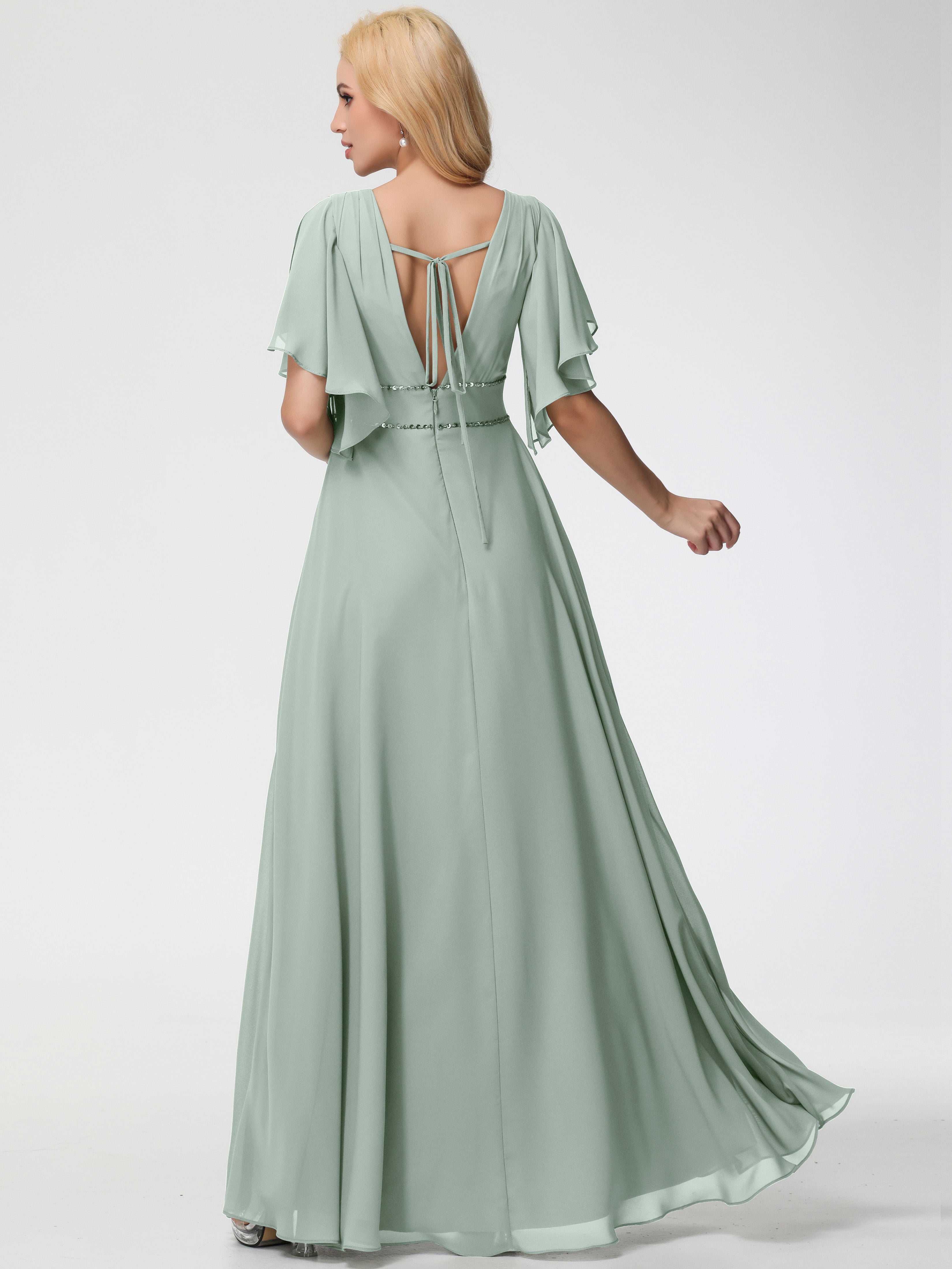 A-Line Sequins Sleeves Floor-Length Chiffon Bridesmaid Dresses
