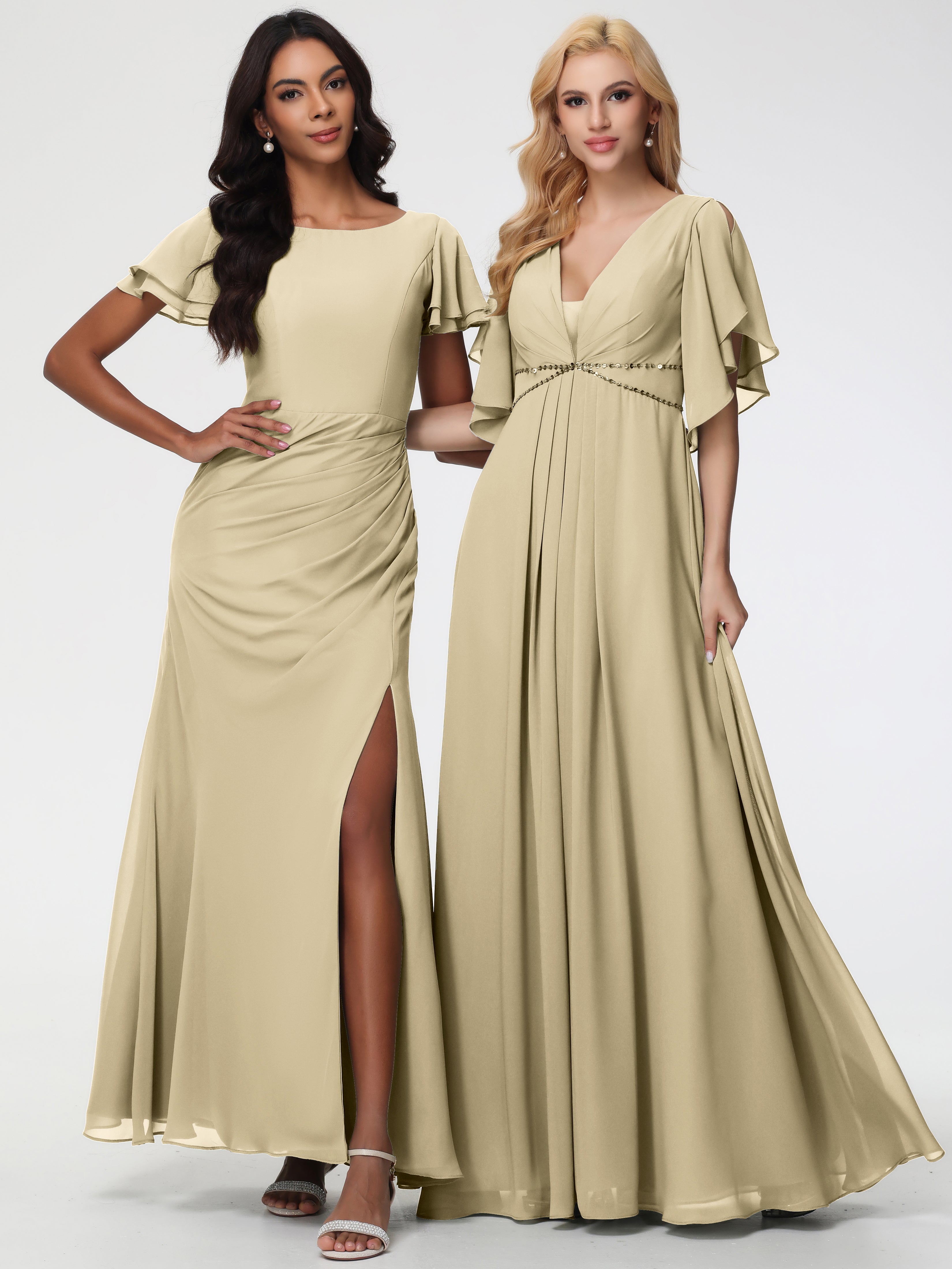A-Line Sequins Sleeves Floor-Length Chiffon Bridesmaid Dresses