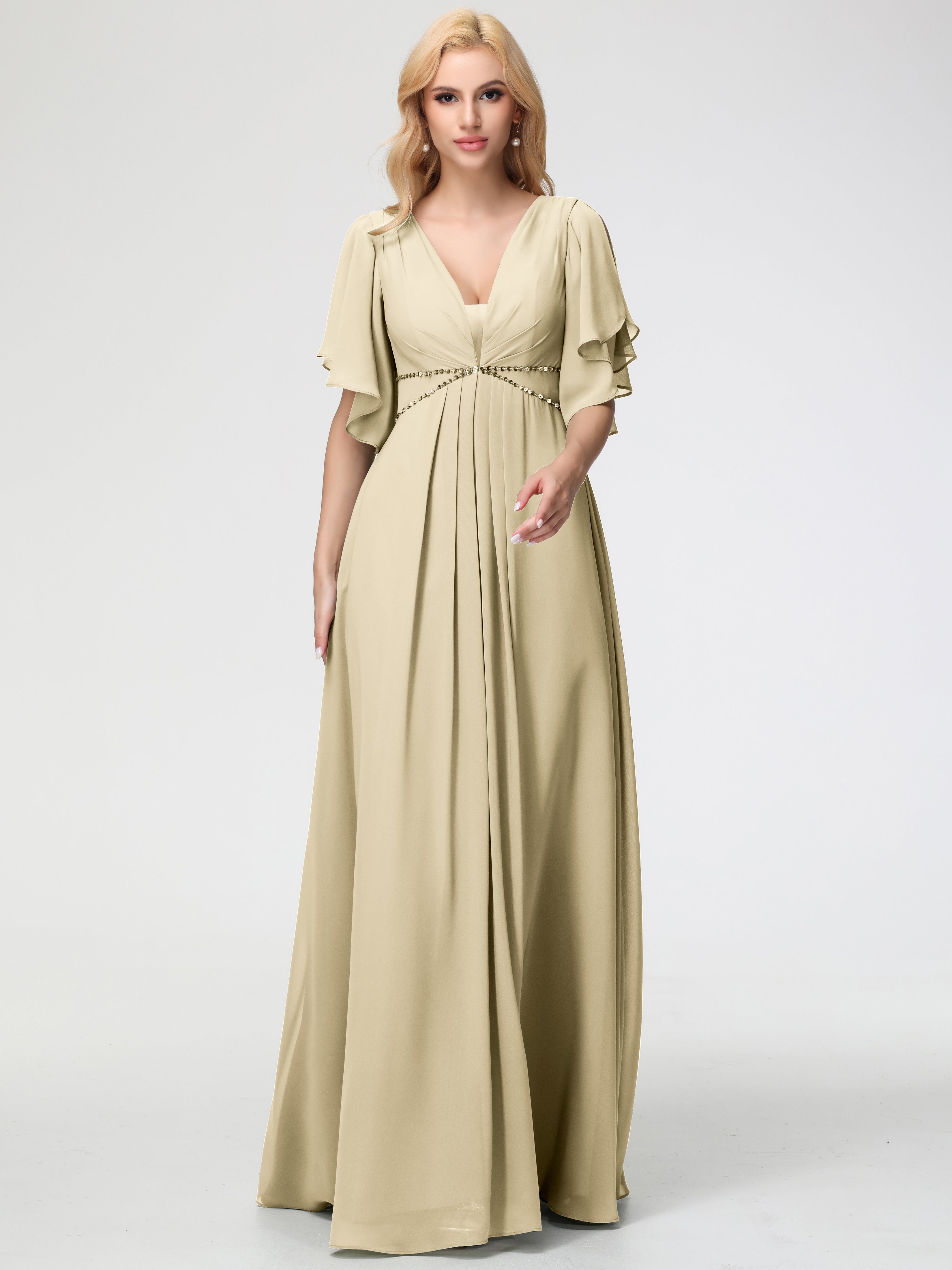 A-Line Sequins Sleeves Floor-Length Chiffon Bridesmaid Dresses