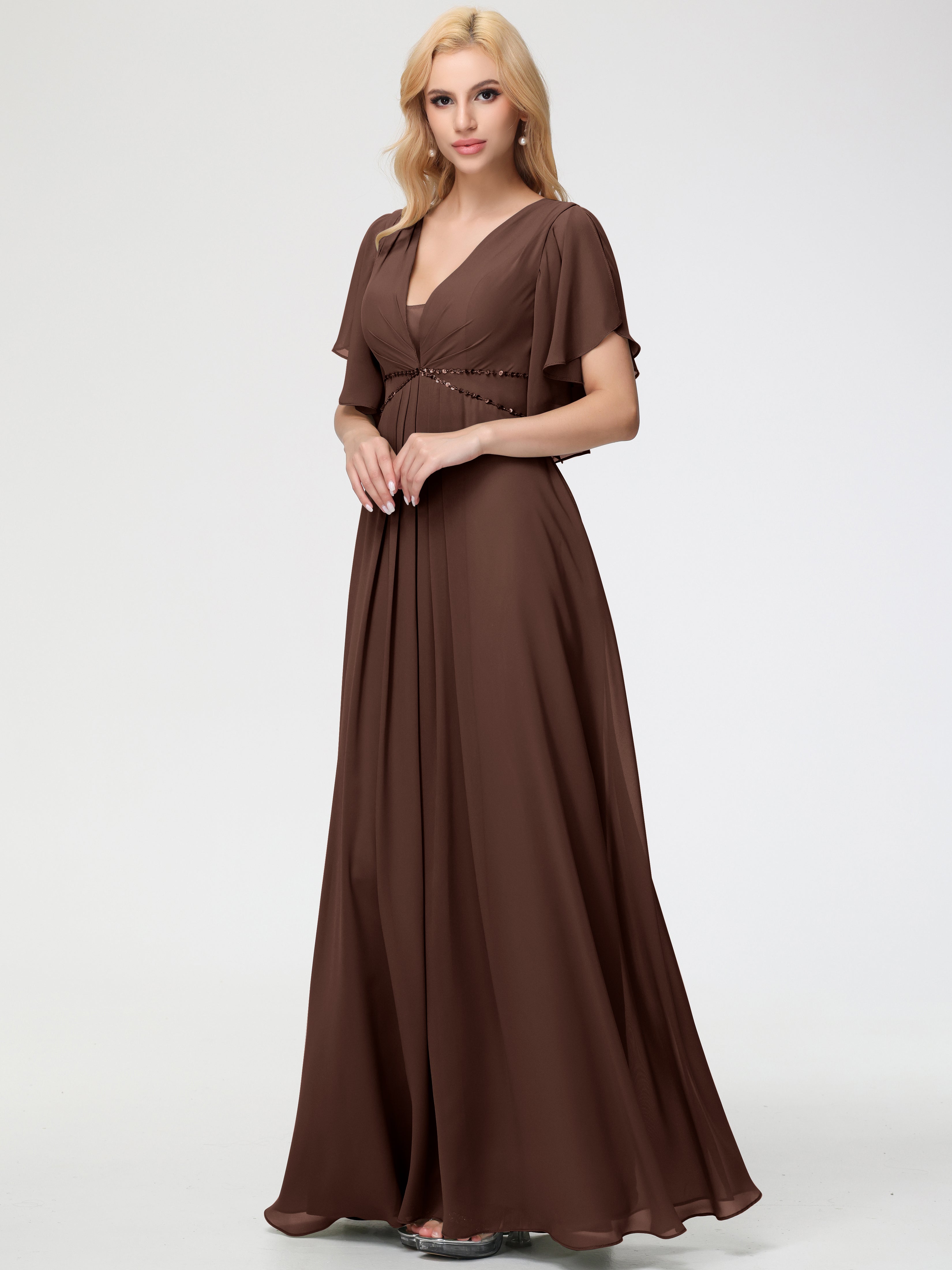 A-Line Sequins Sleeves Floor-Length Chiffon Bridesmaid Dresses