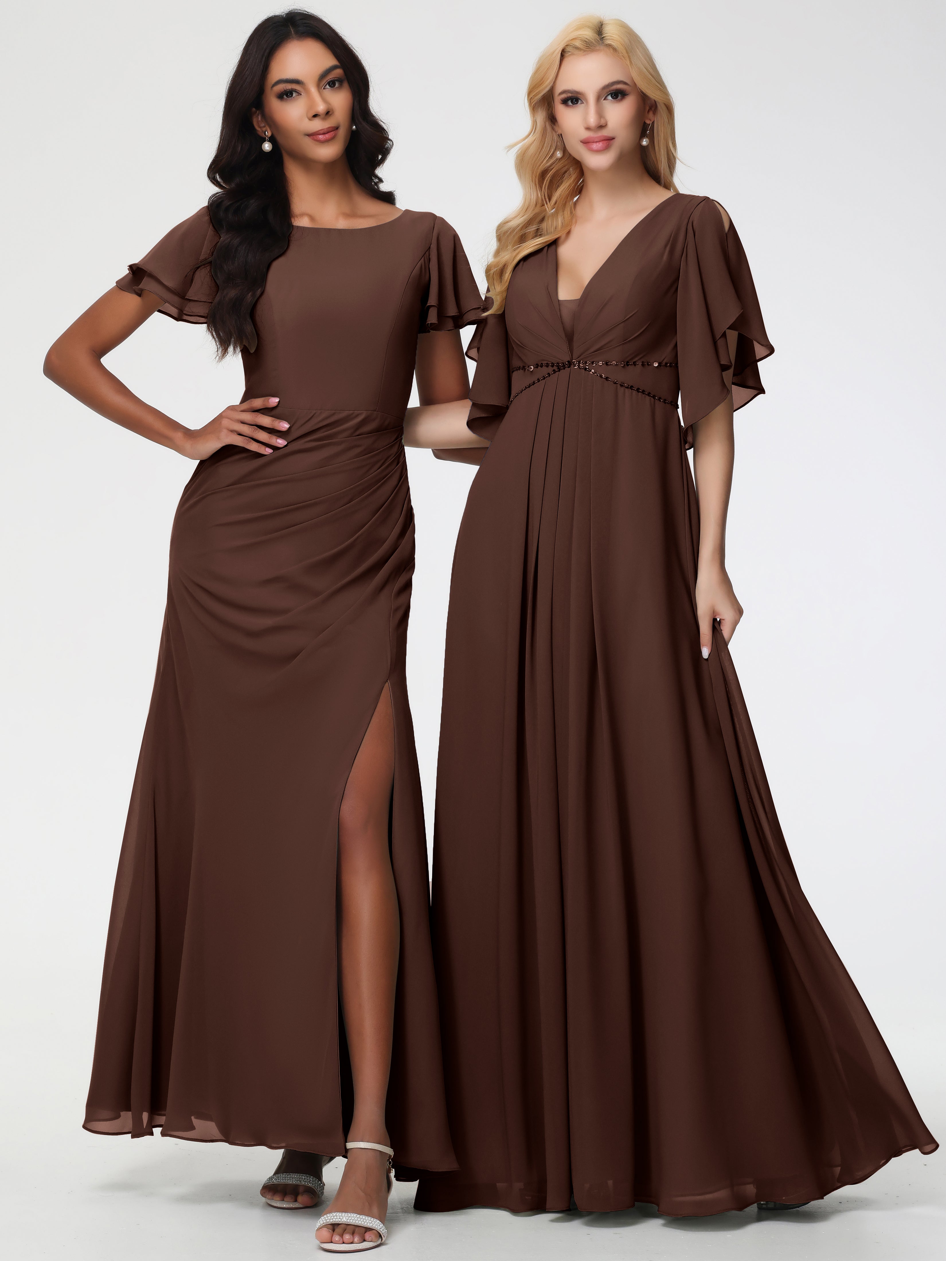 A-Line Sequins Sleeves Floor-Length Chiffon Bridesmaid Dresses