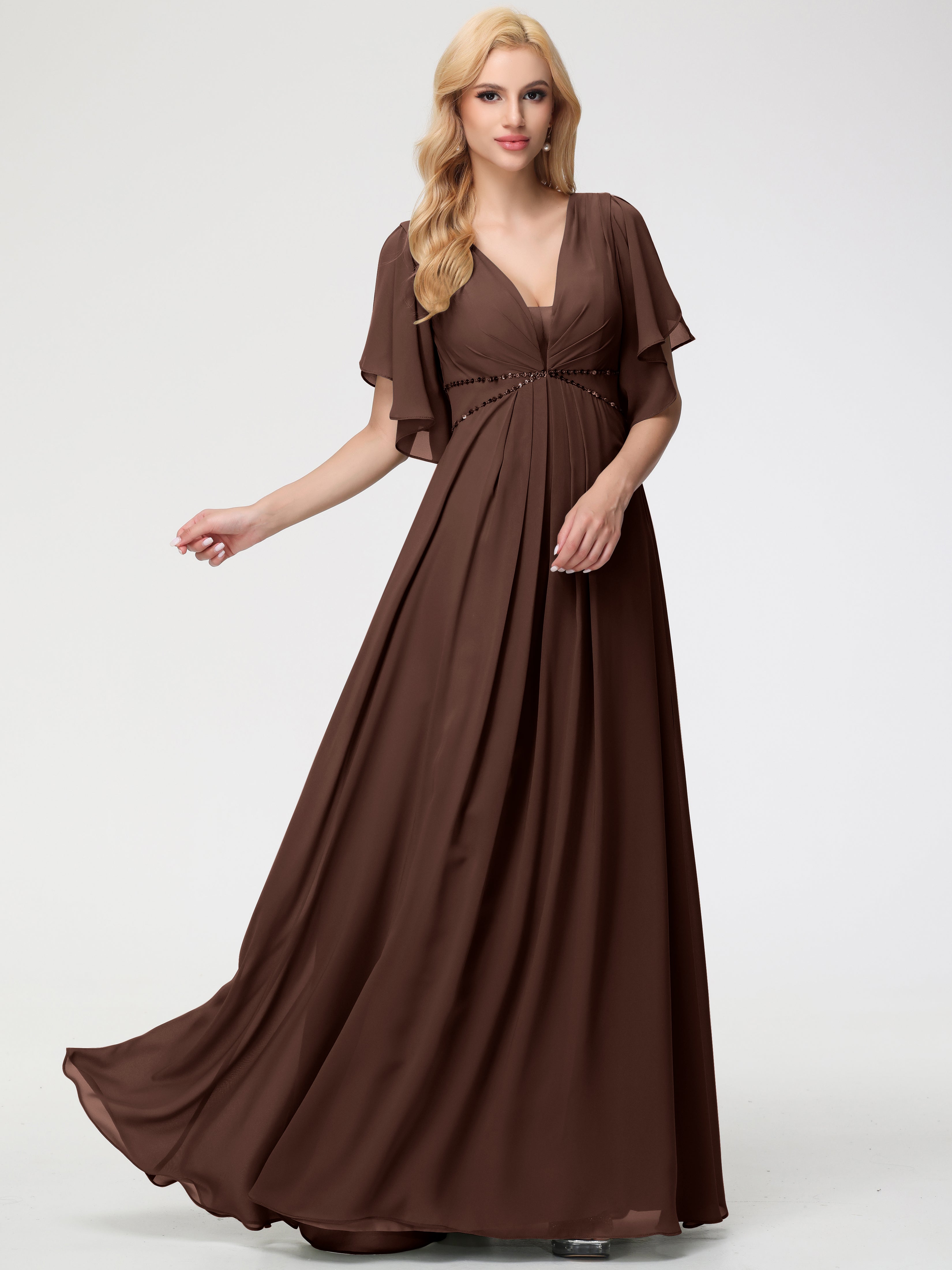 A-Line Sequins Sleeves Floor-Length Chiffon Bridesmaid Dresses