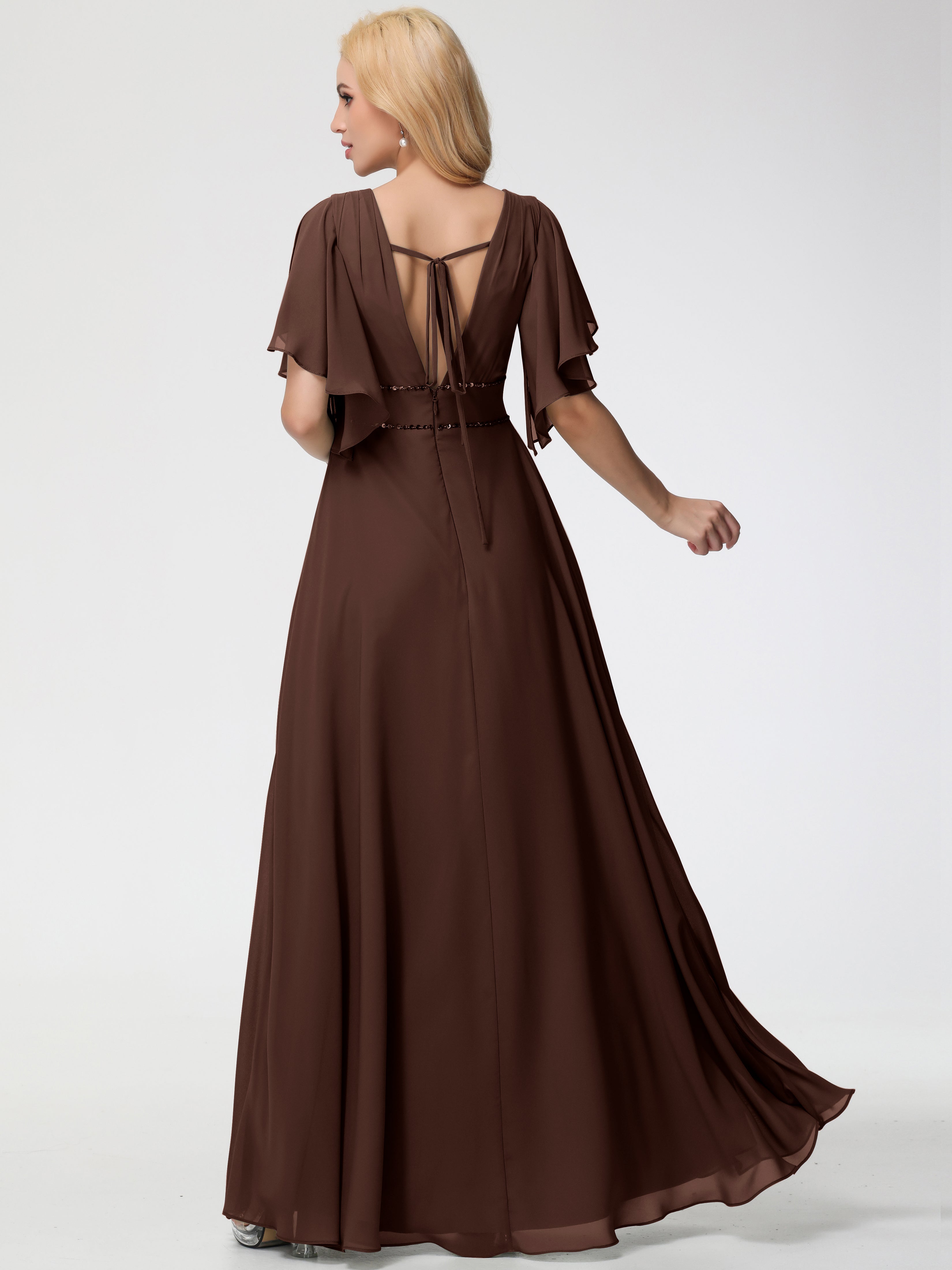 A-Line Sequins Sleeves Floor-Length Chiffon Bridesmaid Dresses