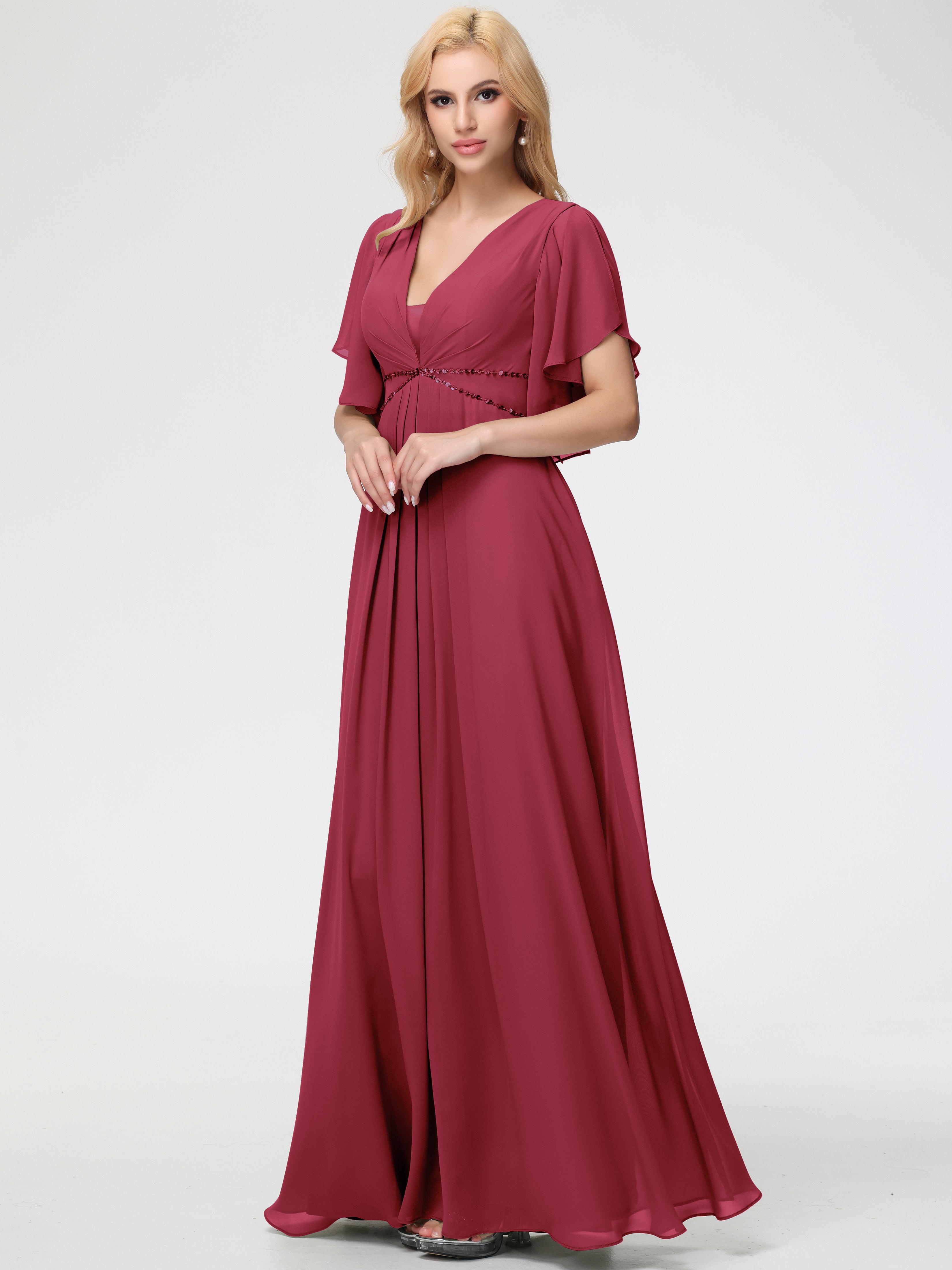 A-Line Sequins Sleeves Floor-Length Chiffon Bridesmaid Dresses