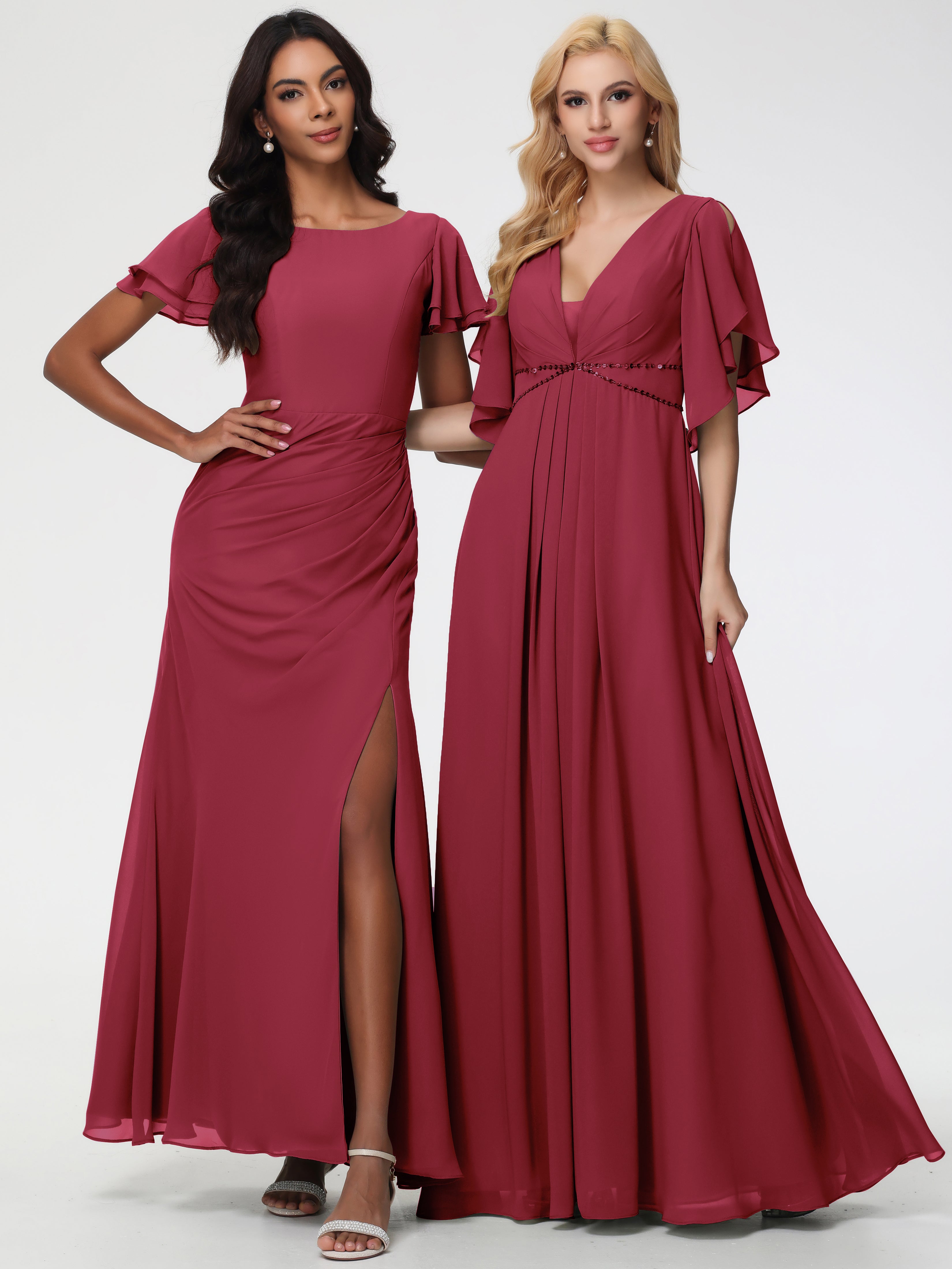 A-Line Sequins Sleeves Floor-Length Chiffon Bridesmaid Dresses