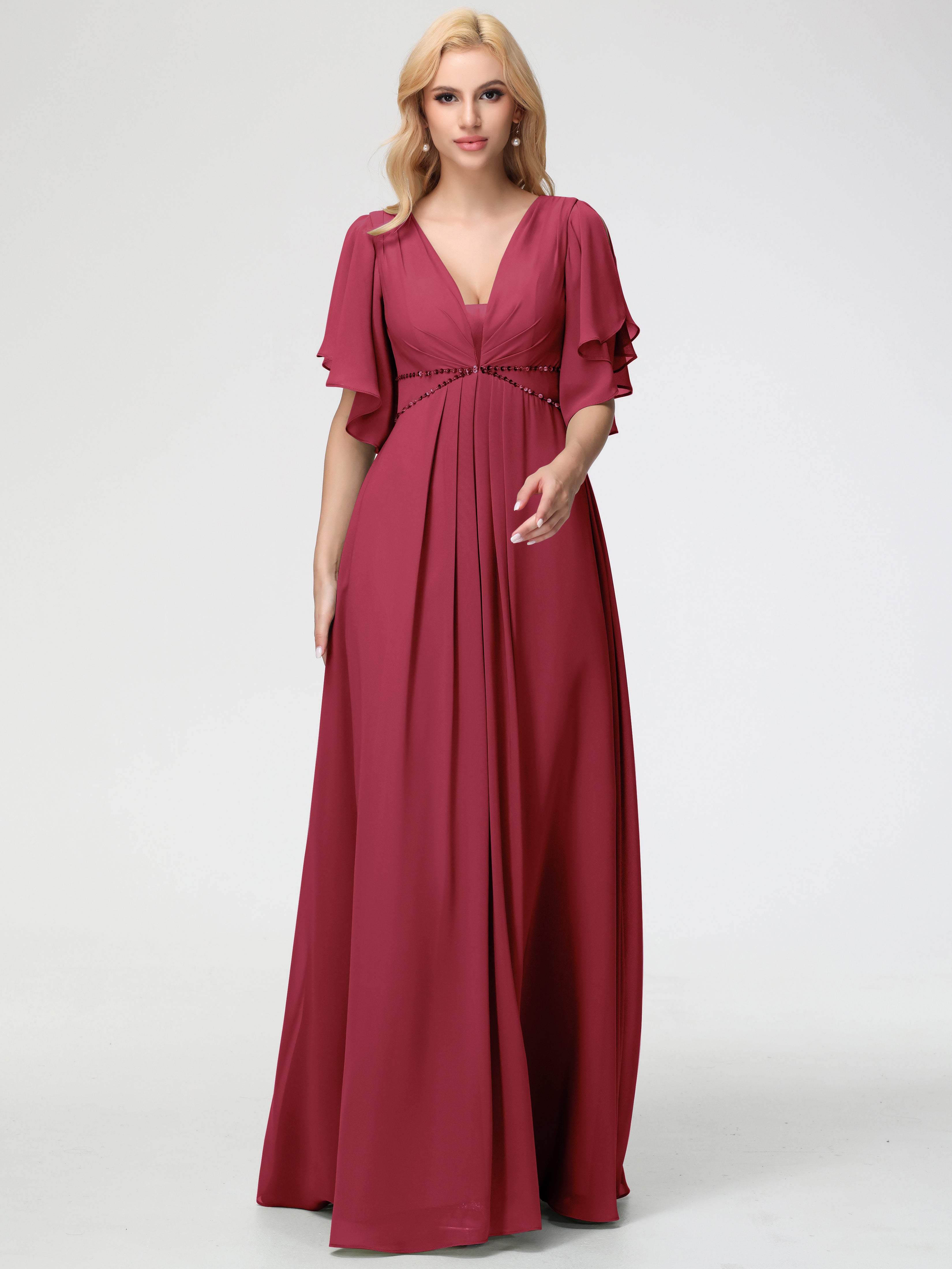 A-Line Sequins Sleeves Floor-Length Chiffon Bridesmaid Dresses