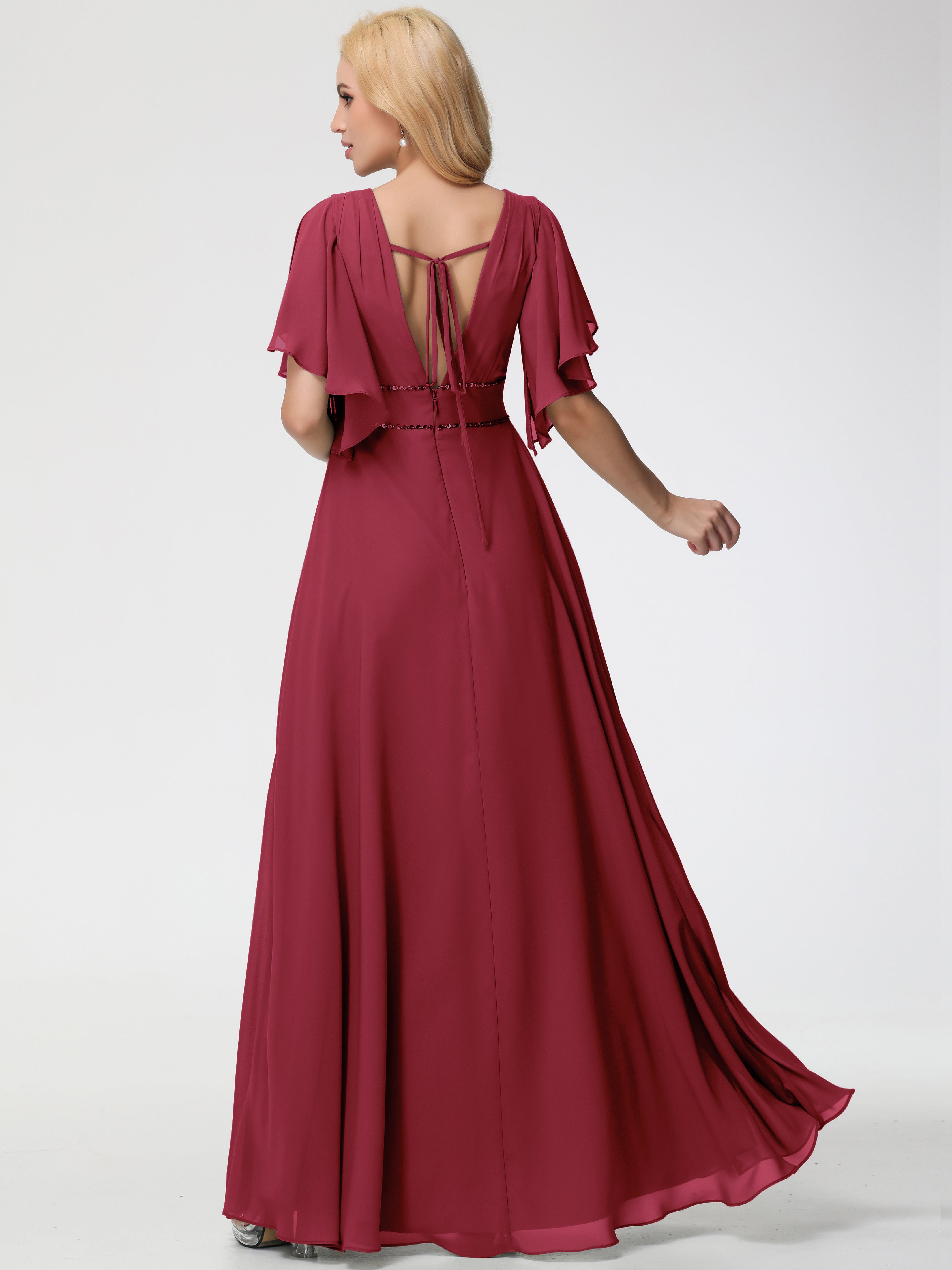 A-Line Sequins Sleeves Floor-Length Chiffon Bridesmaid Dresses