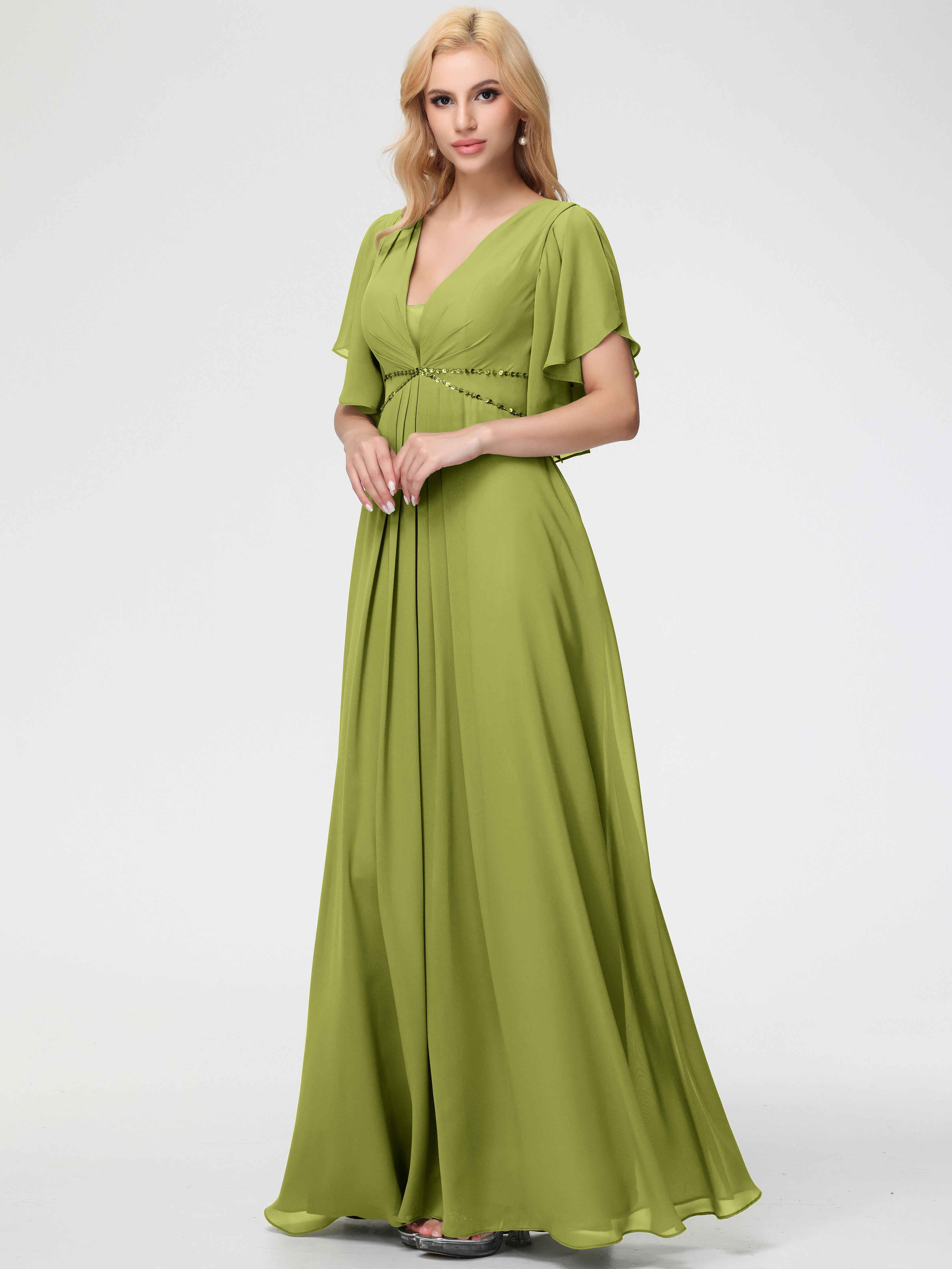 A-Line Sequins Sleeves Floor-Length Chiffon Bridesmaid Dresses