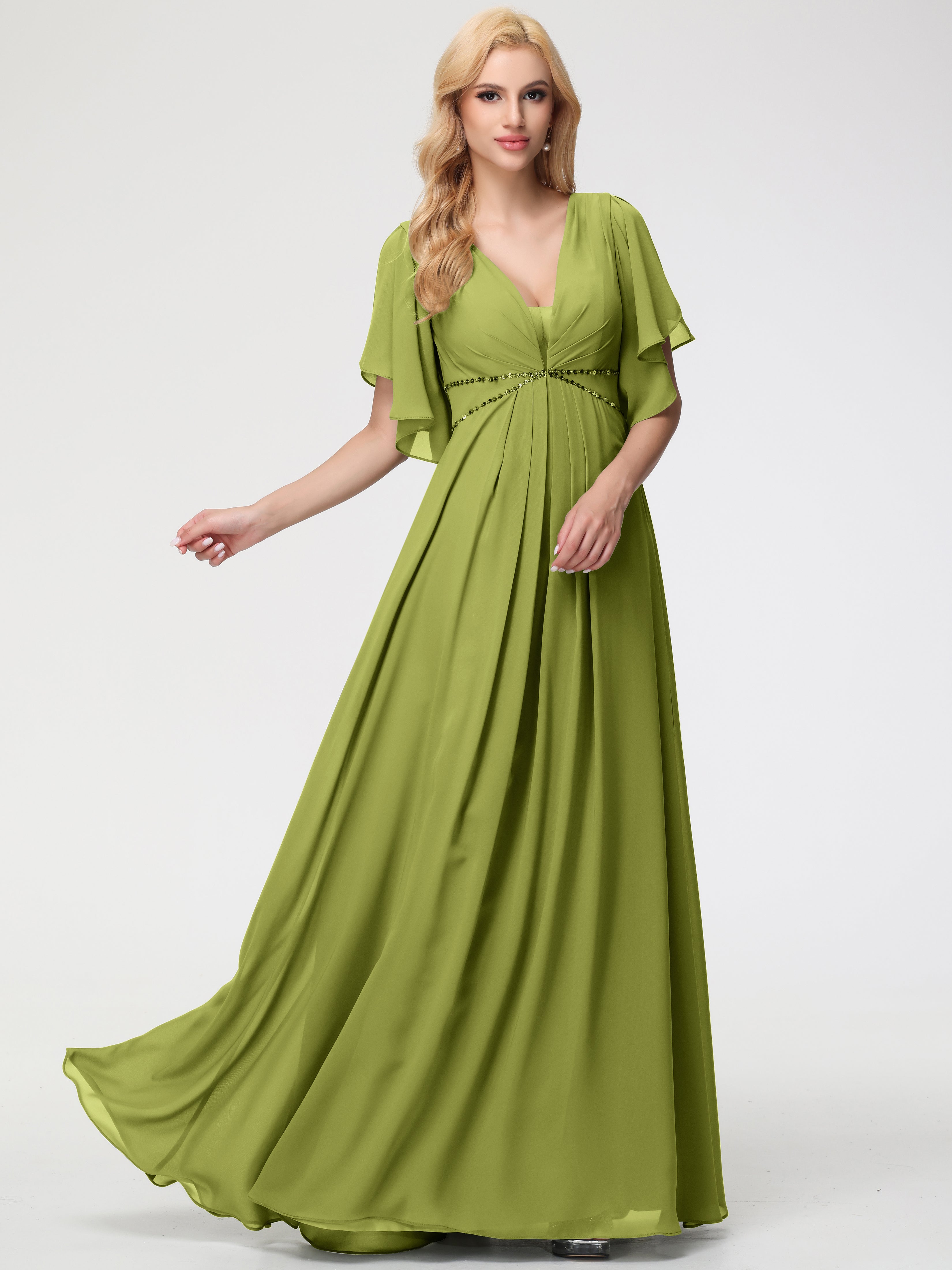 A-Line Sequins Sleeves Floor-Length Chiffon Bridesmaid Dresses