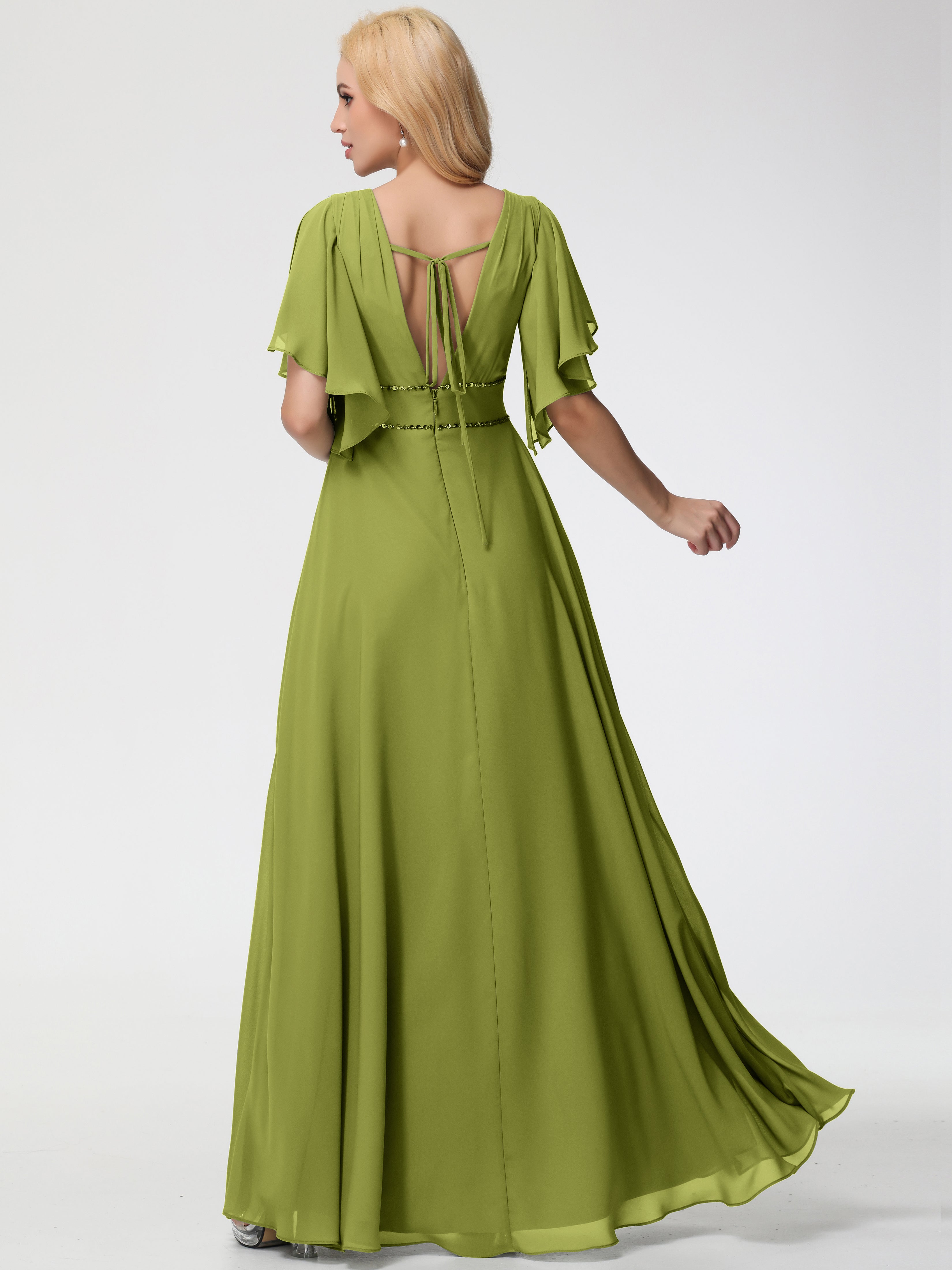 A-Line Sequins Sleeves Floor-Length Chiffon Bridesmaid Dresses