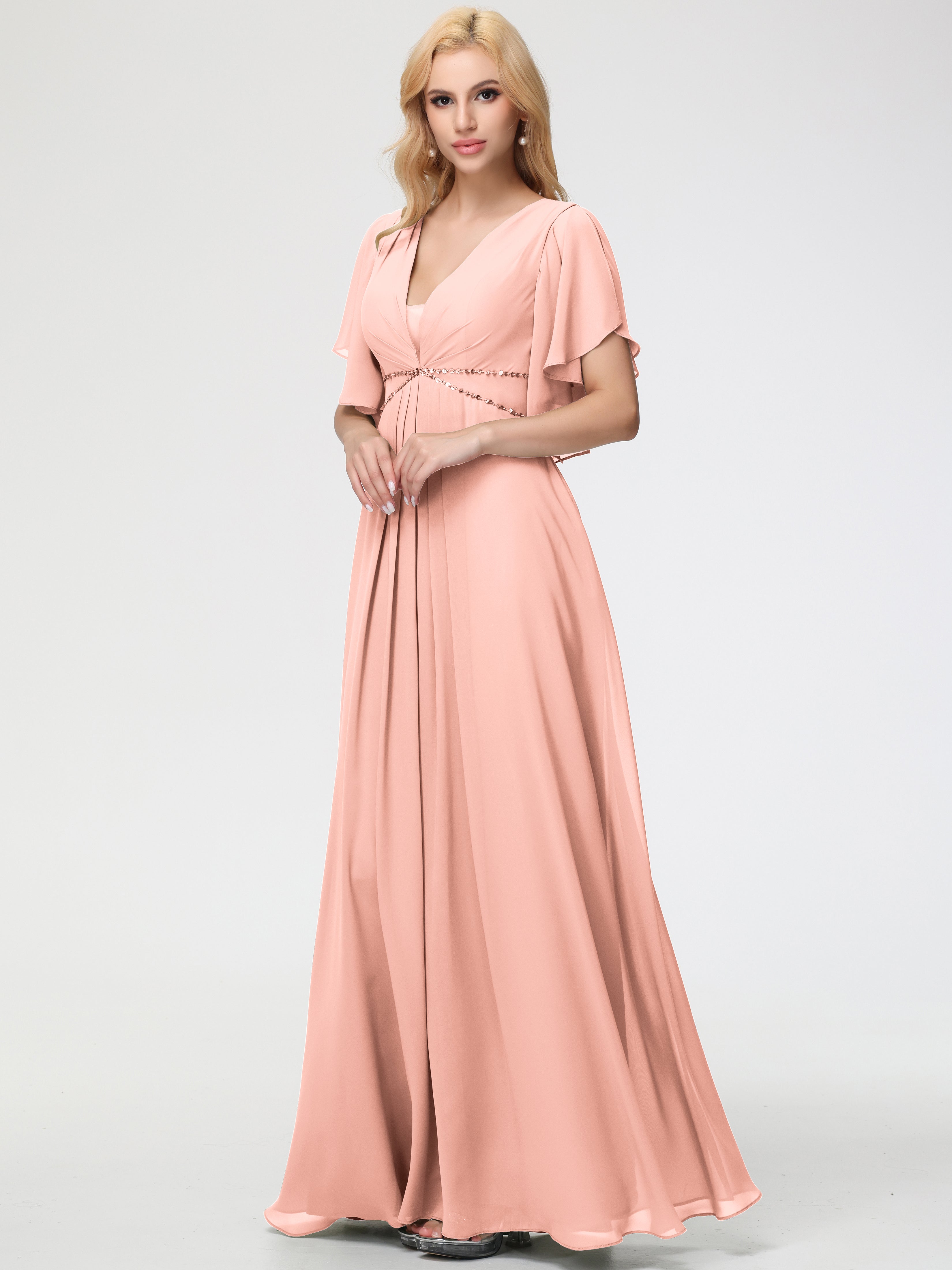 A-Line Sequins Sleeves Floor-Length Chiffon Bridesmaid Dresses