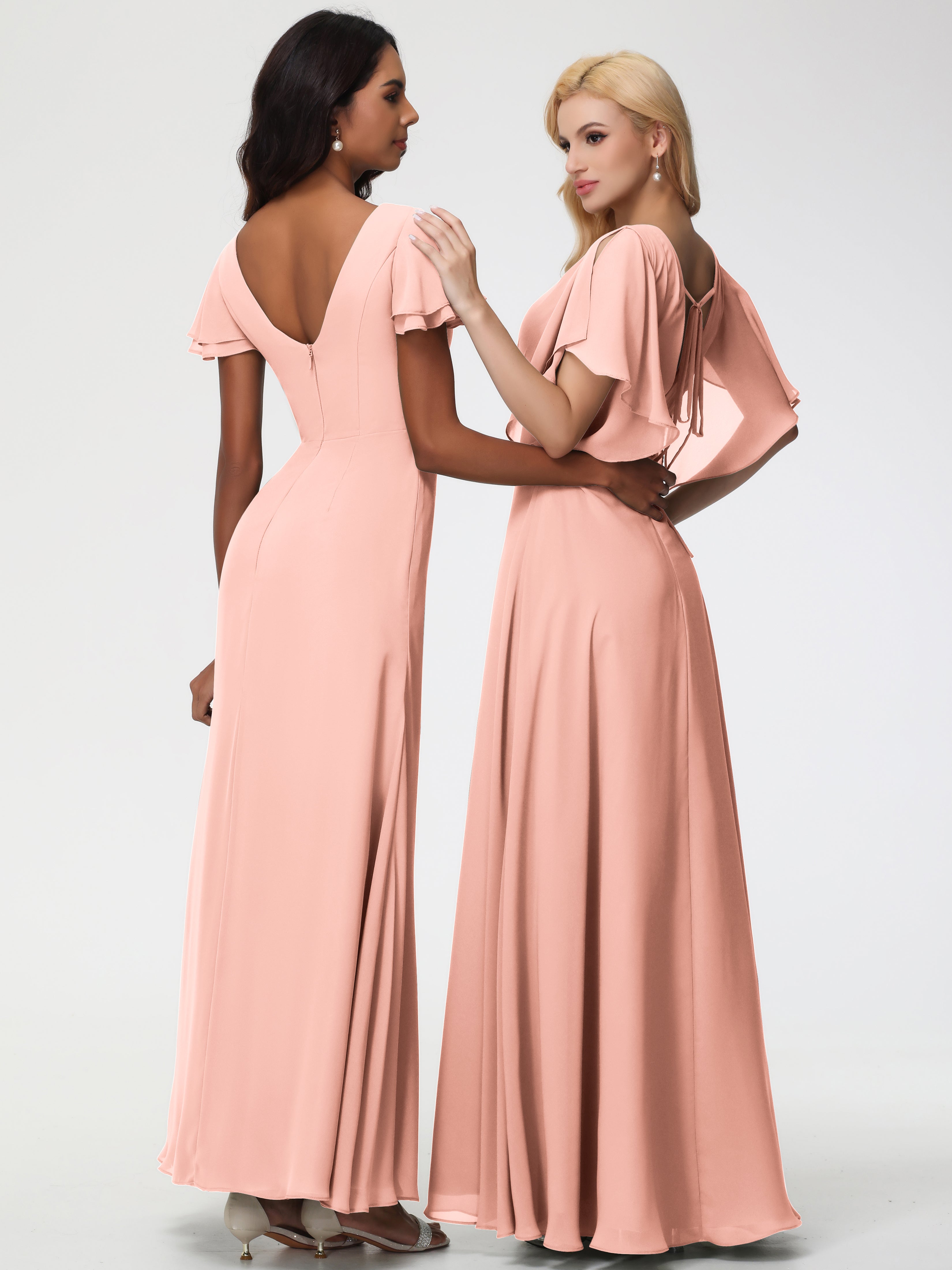 A-Line Sequins Sleeves Floor-Length Chiffon Bridesmaid Dresses