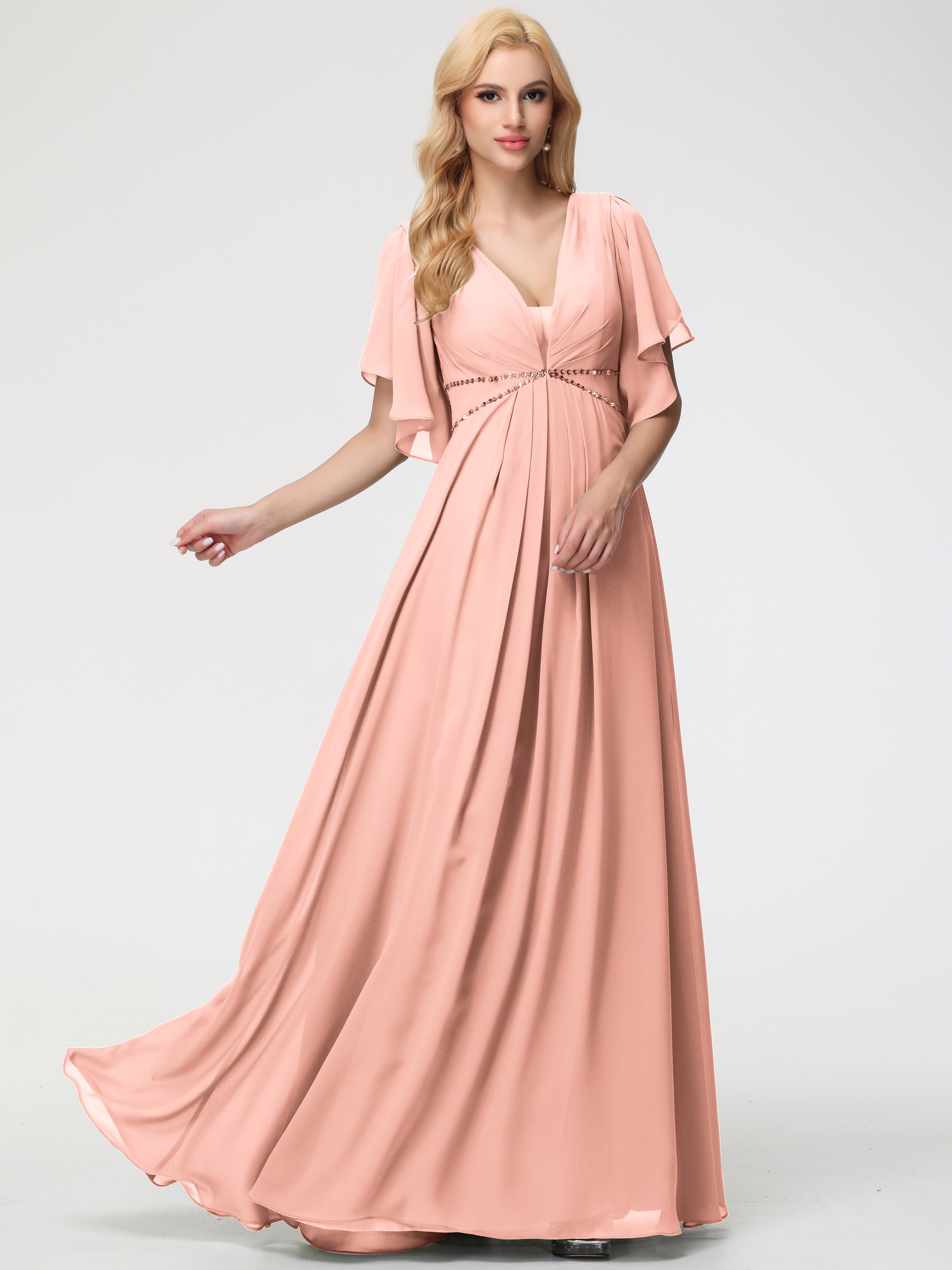 A-Line Sequins Sleeves Floor-Length Chiffon Bridesmaid Dresses