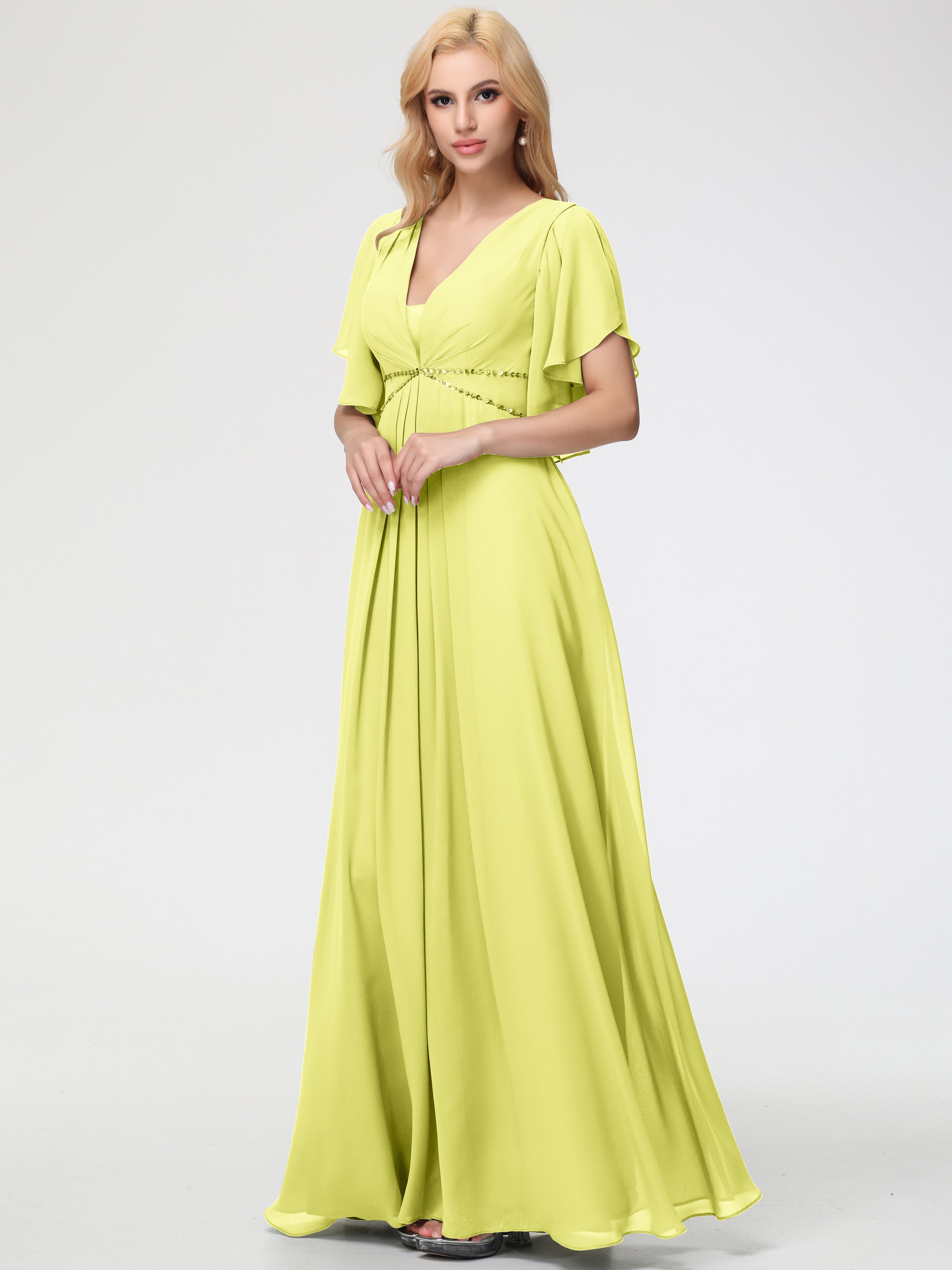 A-Line Sequins Sleeves Floor-Length Chiffon Bridesmaid Dresses