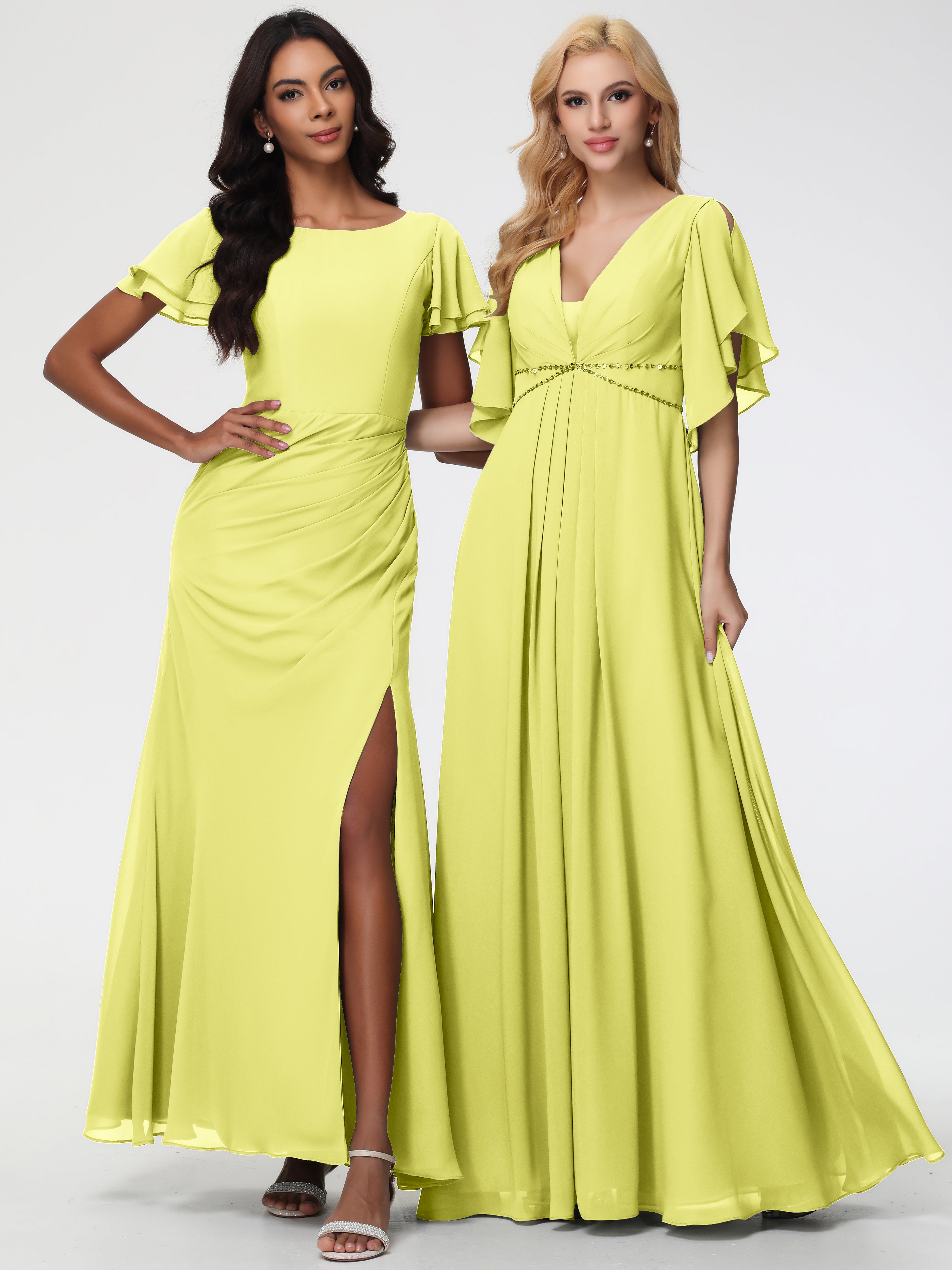 A-Line Sequins Sleeves Floor-Length Chiffon Bridesmaid Dresses