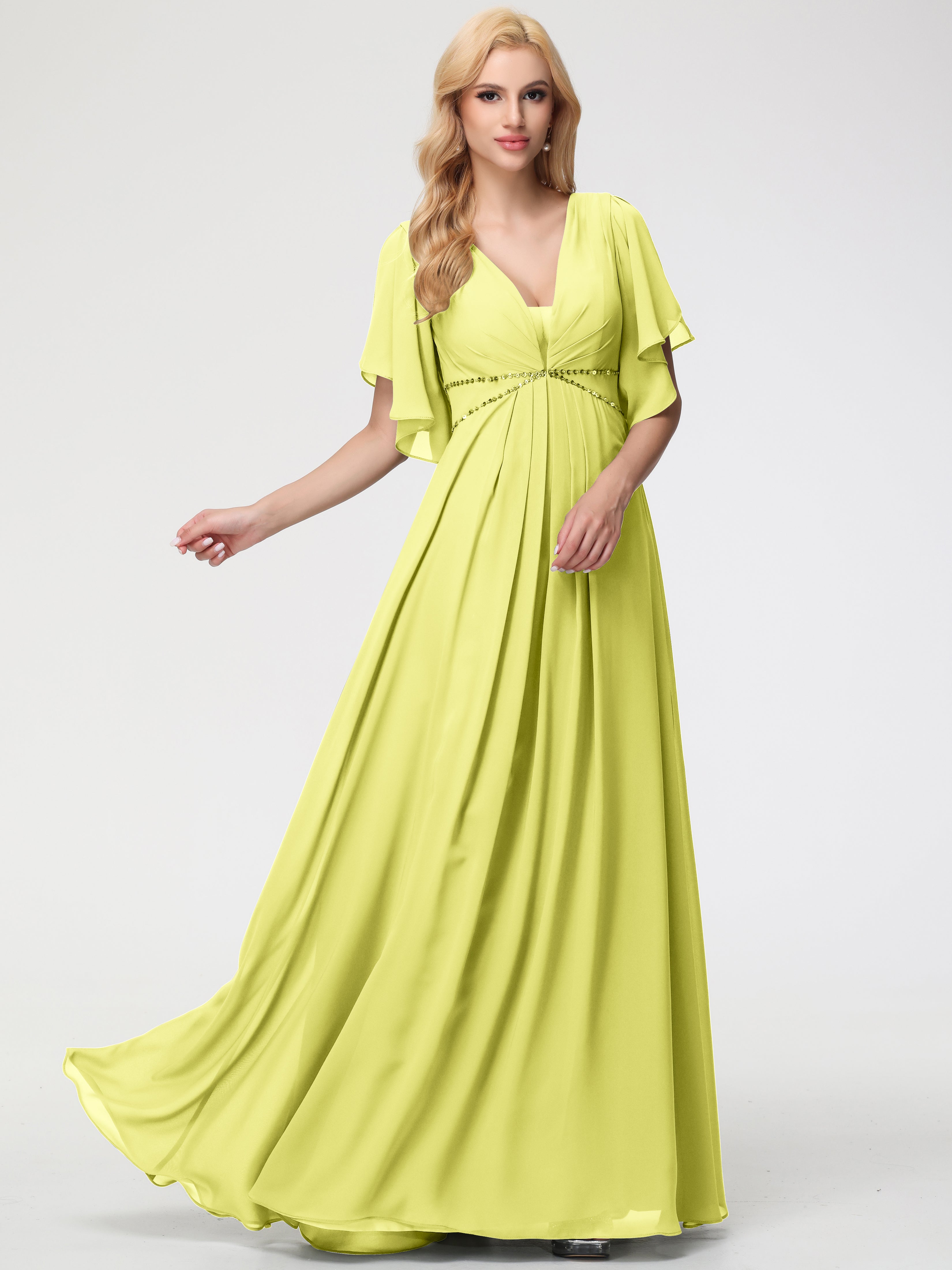 A-Line Sequins Sleeves Floor-Length Chiffon Bridesmaid Dresses