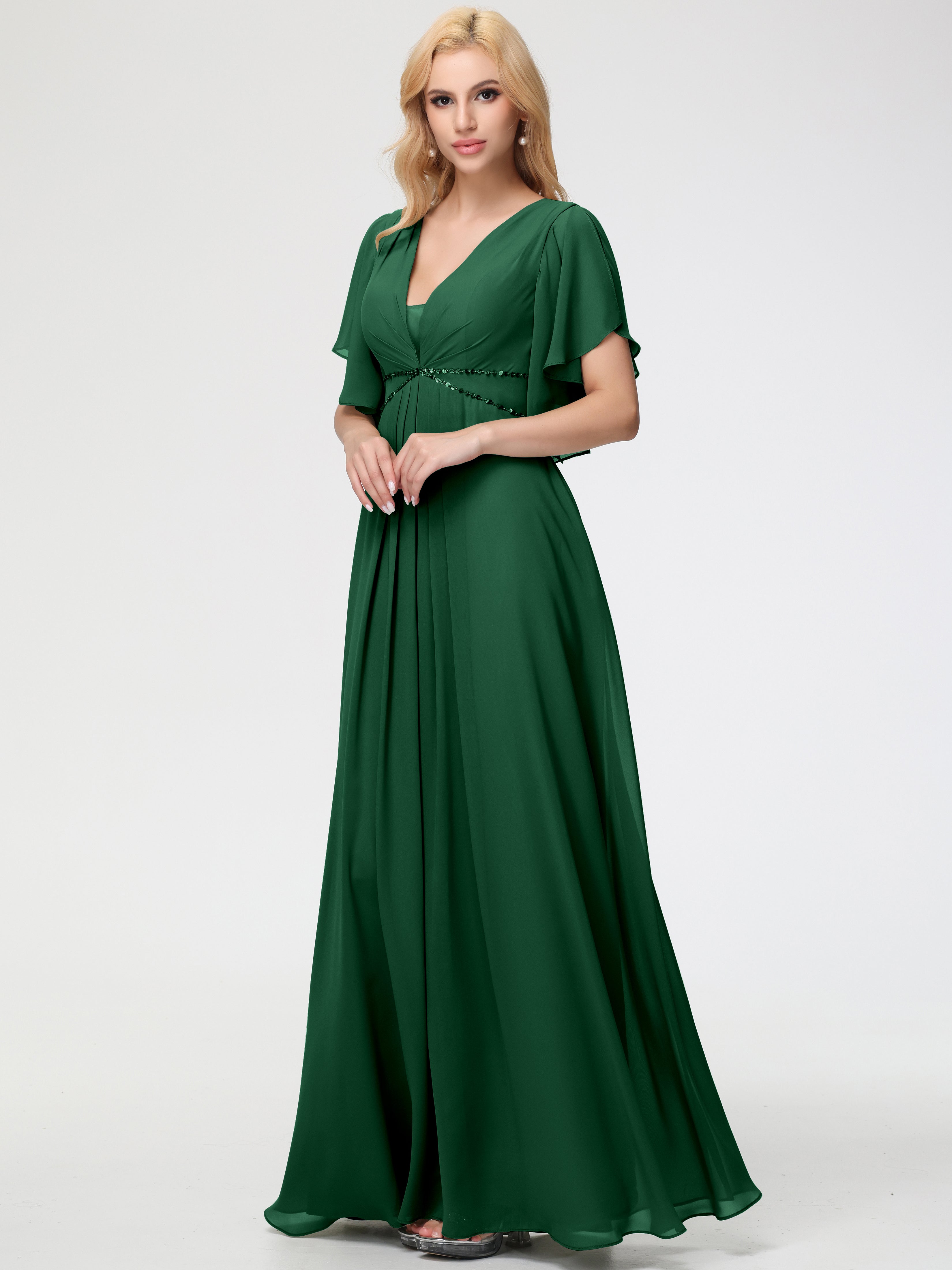 A-Line Sequins Sleeves Floor-Length Chiffon Bridesmaid Dresses