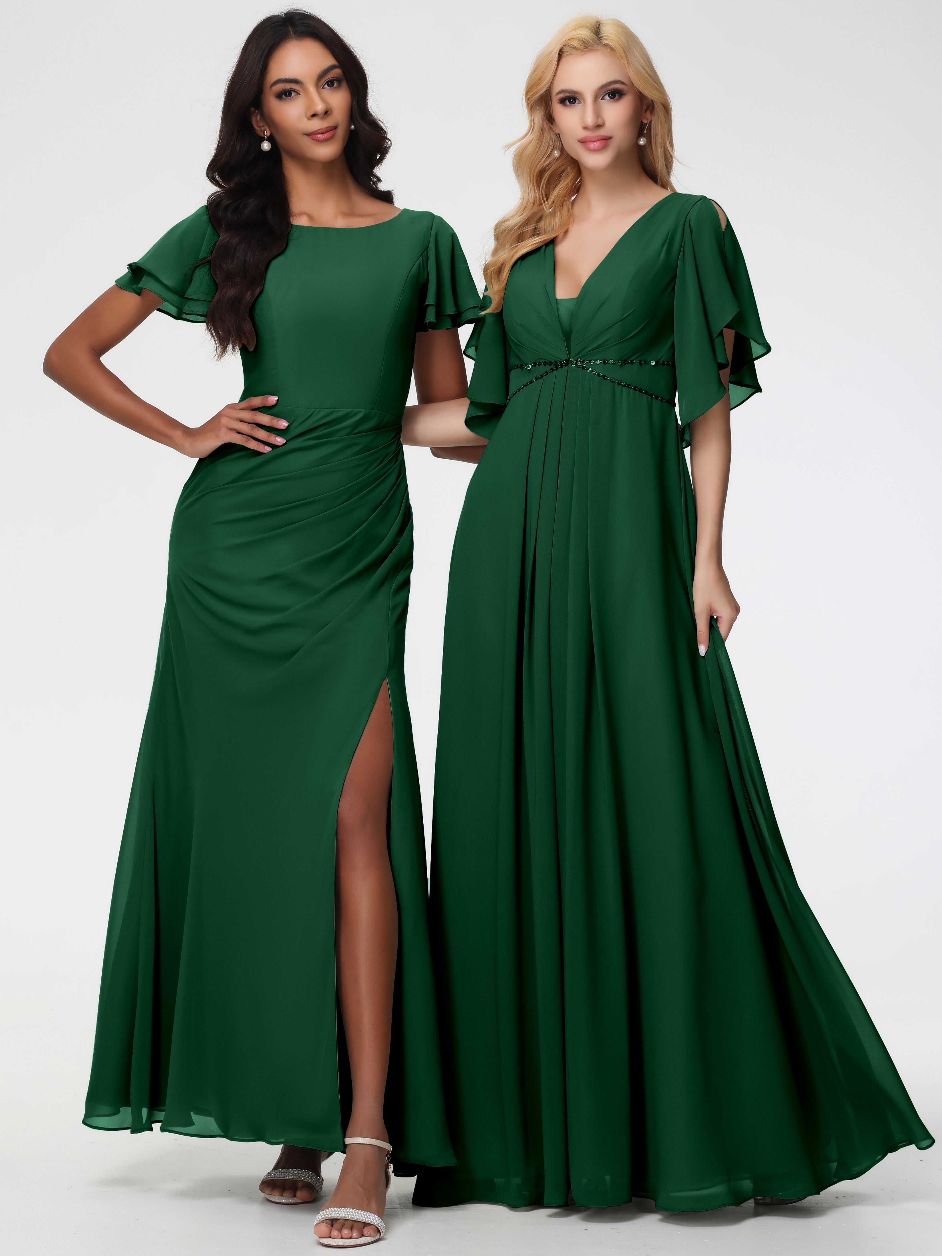 A-Line Sequins Sleeves Floor-Length Chiffon Bridesmaid Dresses