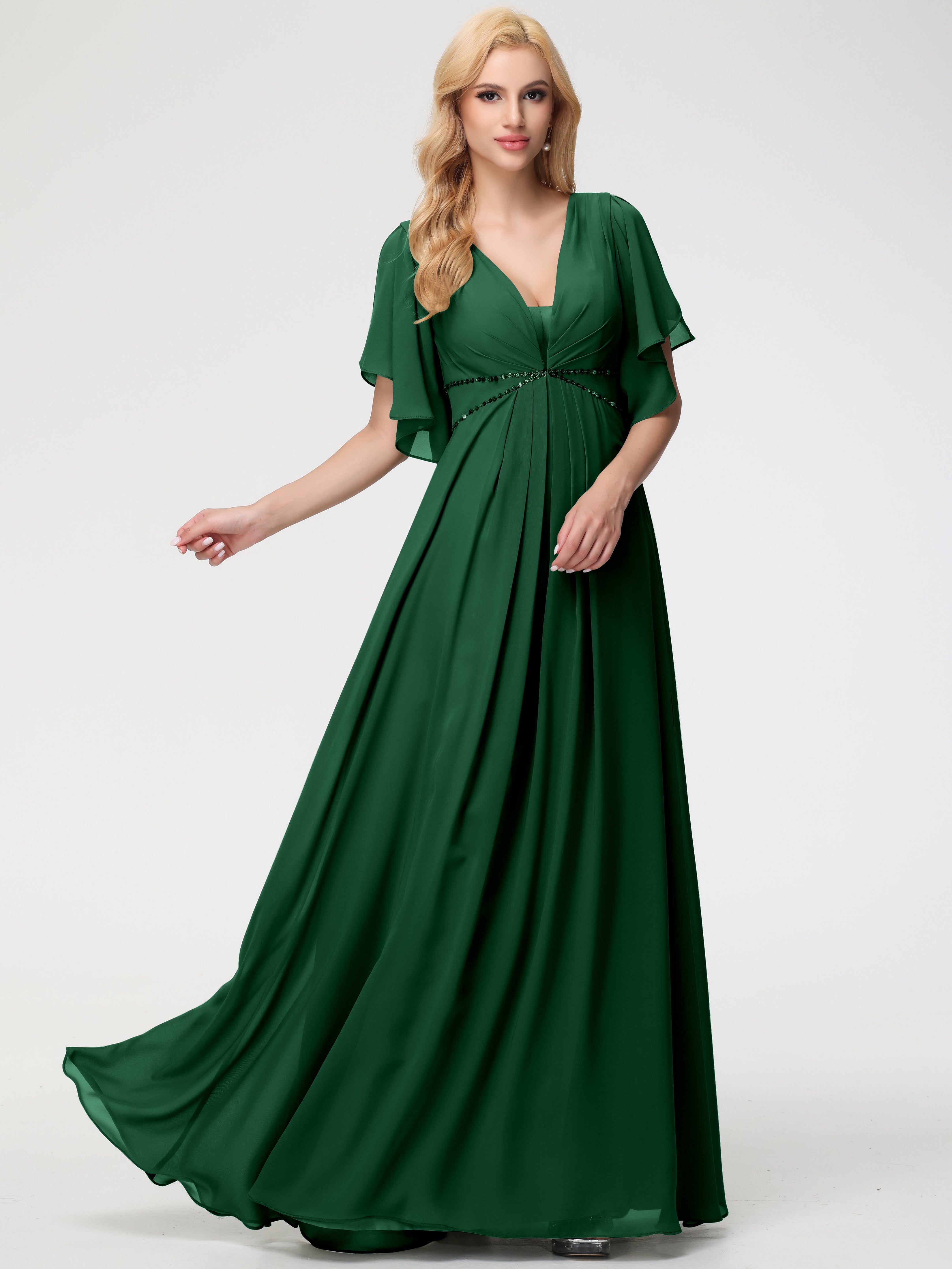 A-Line Sequins Sleeves Floor-Length Chiffon Bridesmaid Dresses